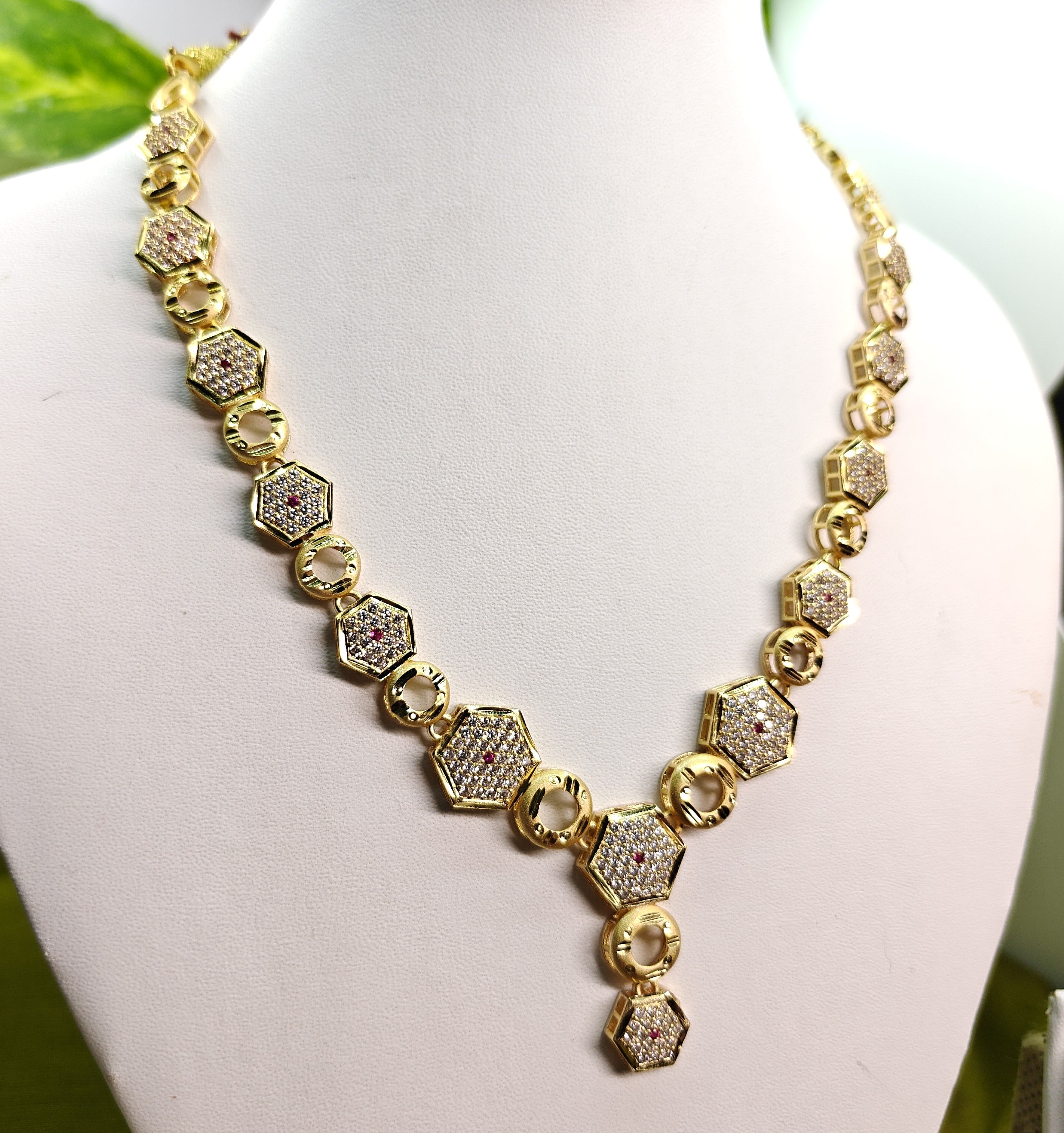 Gold-Tone Hexagon AD Necklace Set for Women - Glossy Finish