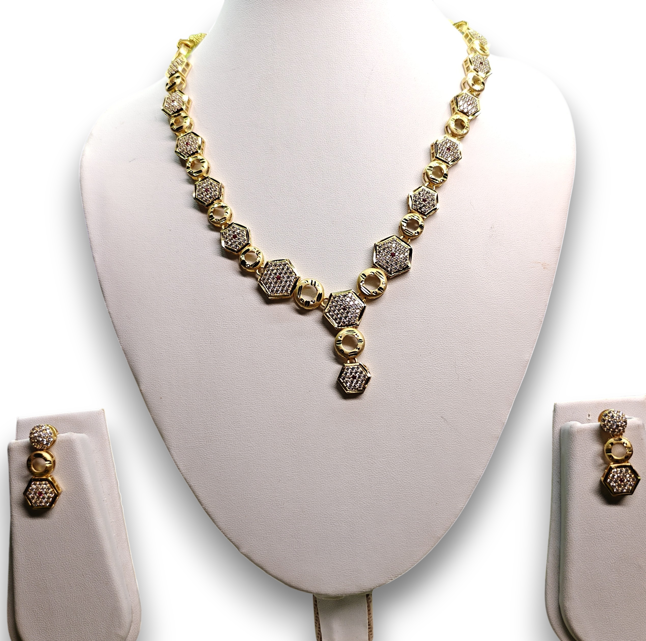 Gold-Tone Hexagon AD Necklace Set for Women - Glossy Finish