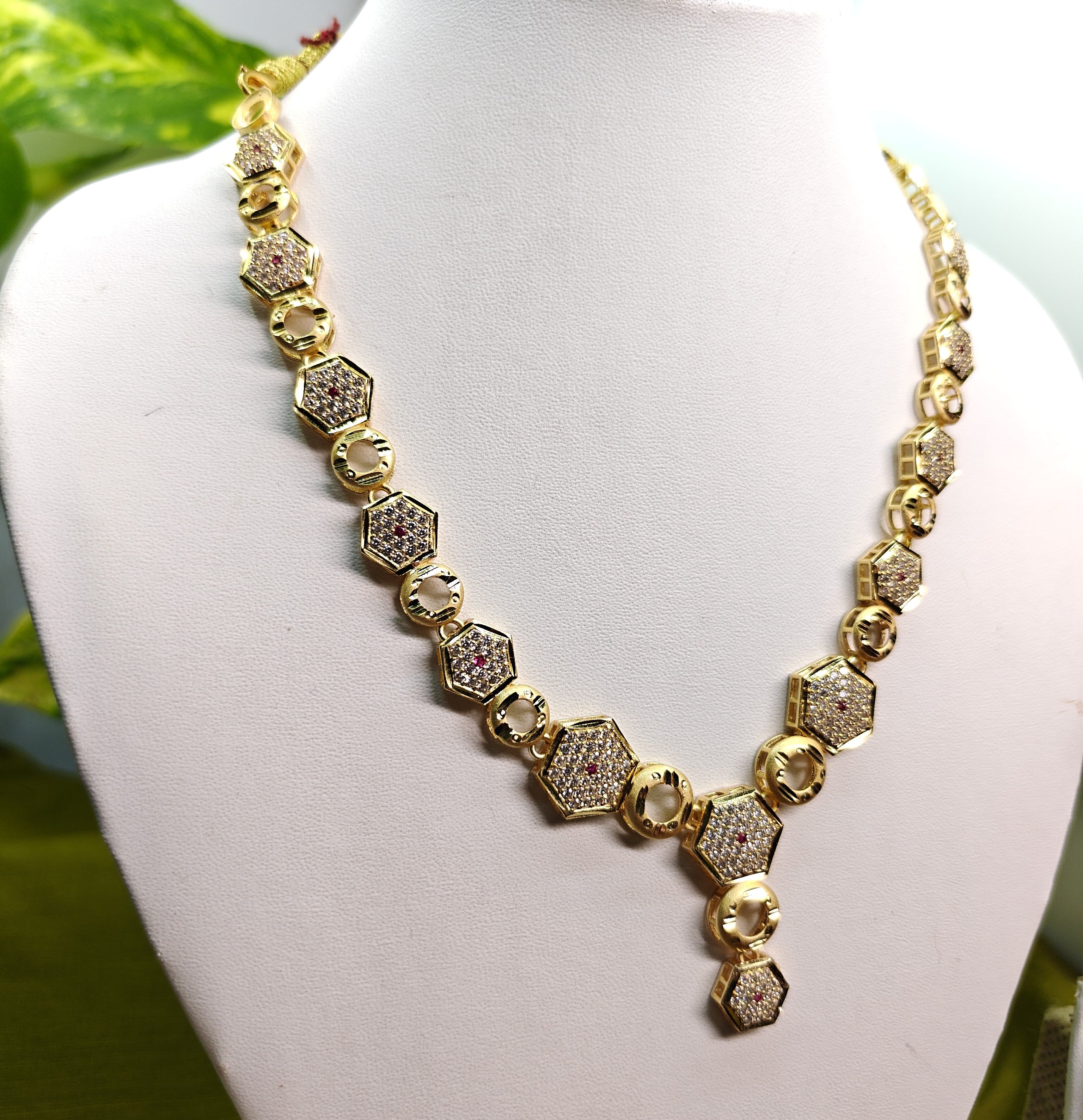 Gold-Tone Hexagon AD Necklace Set for Women - Glossy Finish