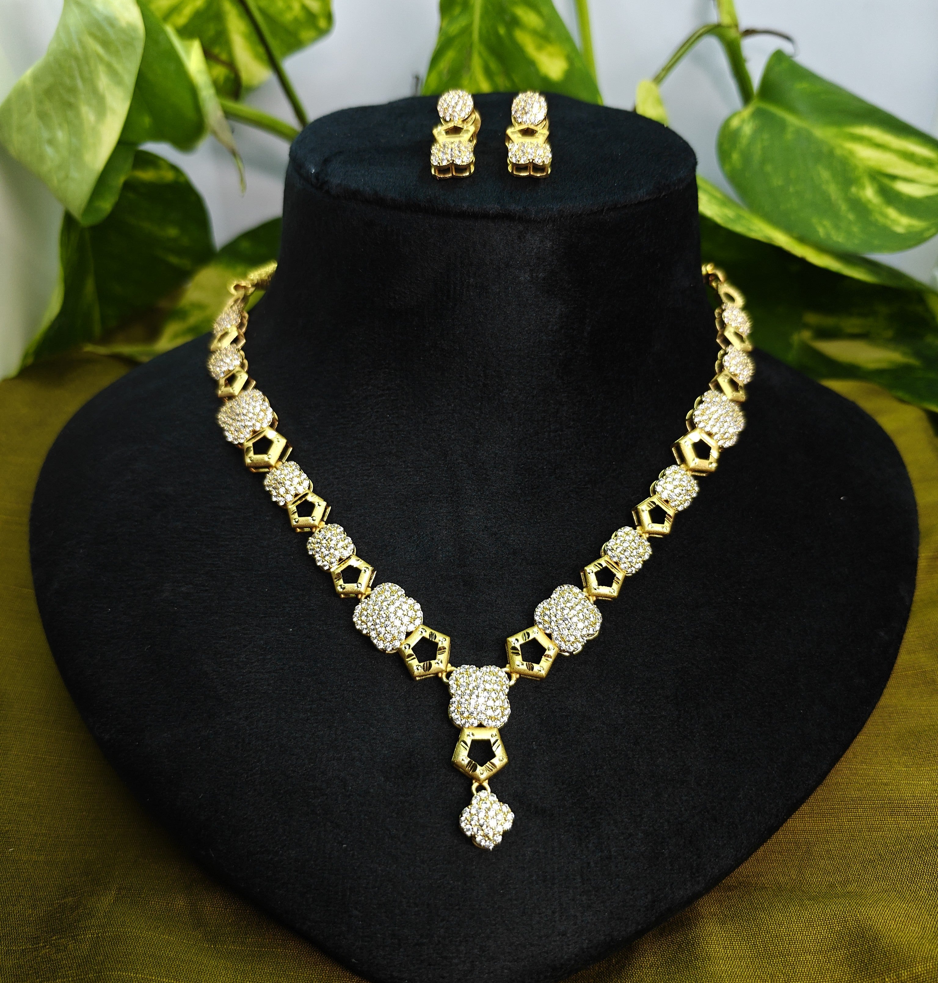 Gold-Tone Hexagon Floral AD Necklace Set for Women - Glossy Finish