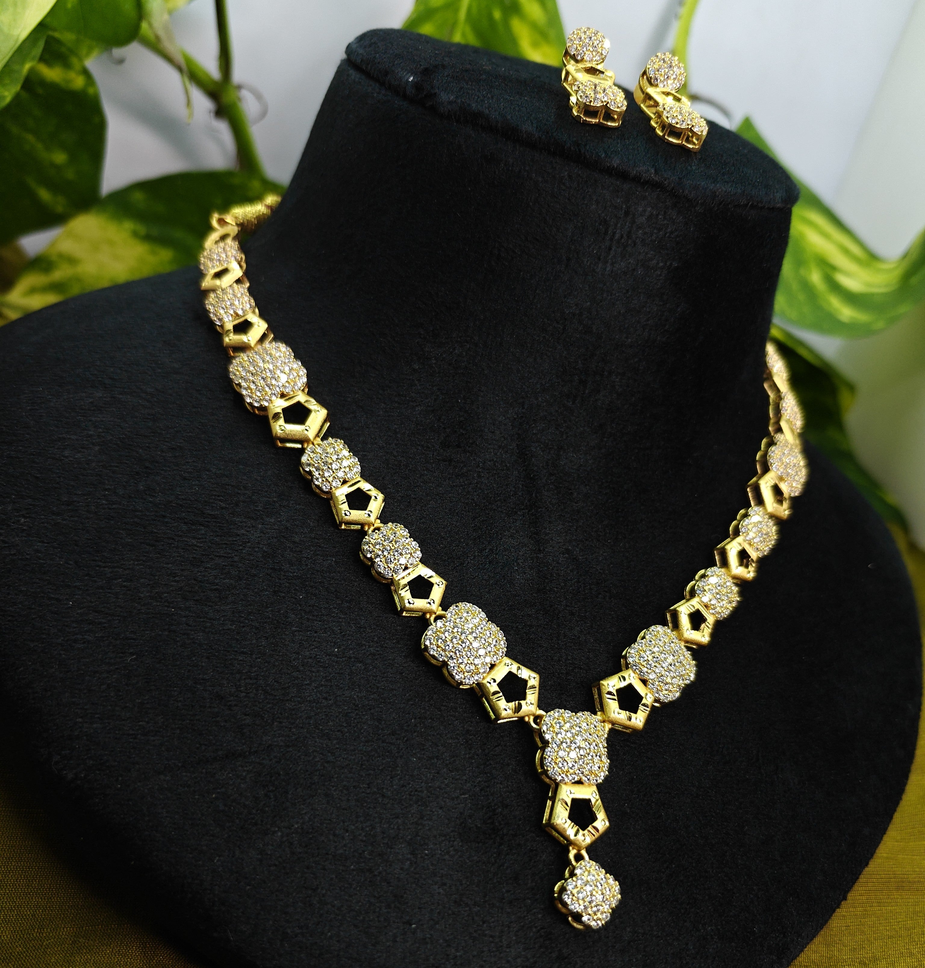 Gold-Tone Hexagon Floral AD Necklace Set for Women - Glossy Finish