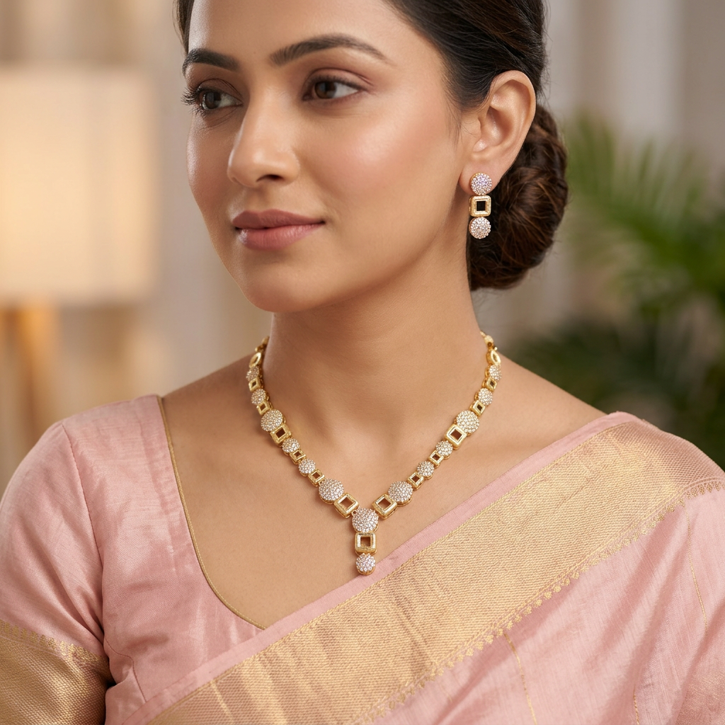 Gold-Tone Geometric Circle & Square AD Necklace Set for Women - Glossy Finish