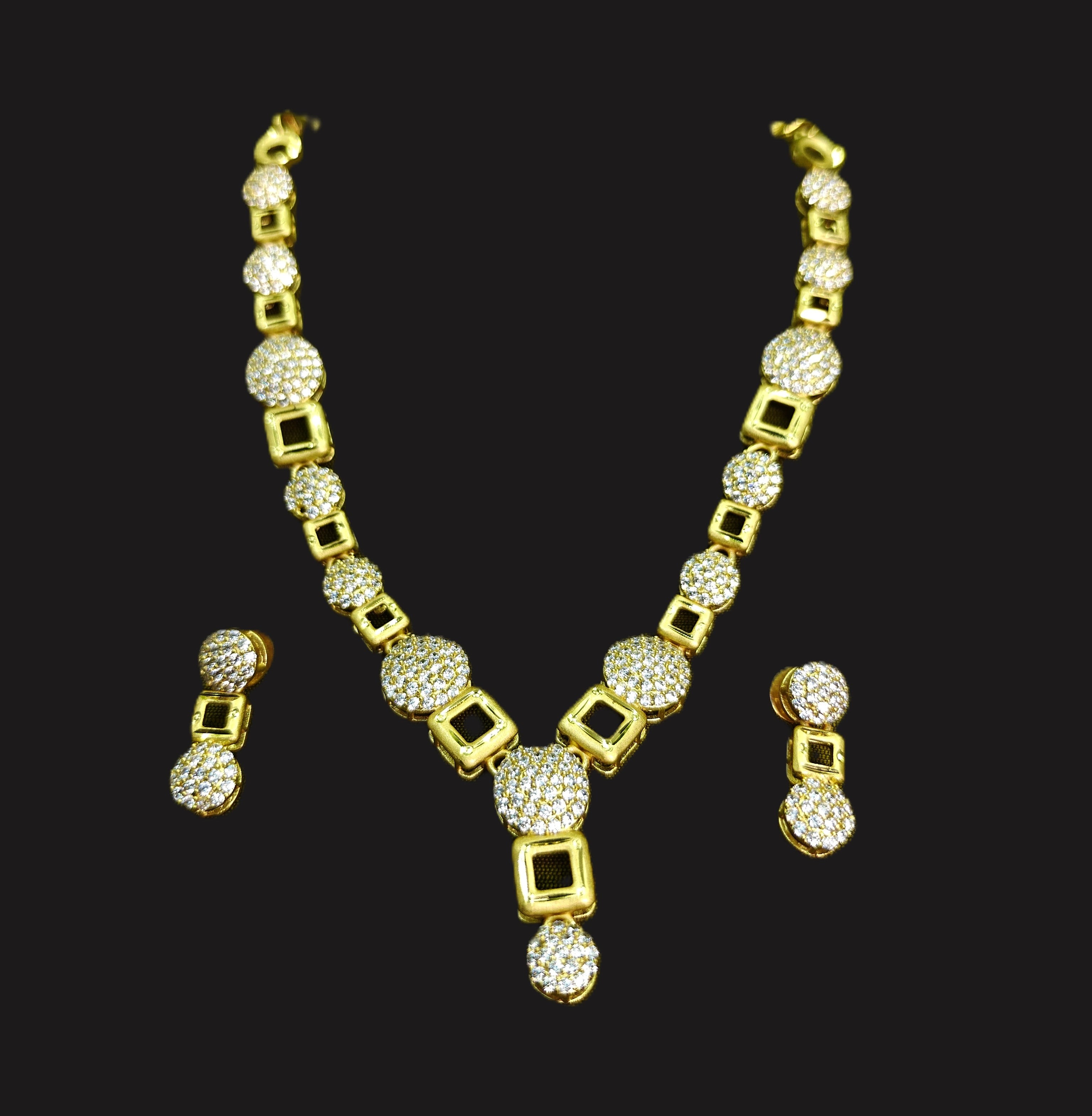 Gold-Tone Geometric Circle & Square AD Necklace Set for Women - Glossy Finish