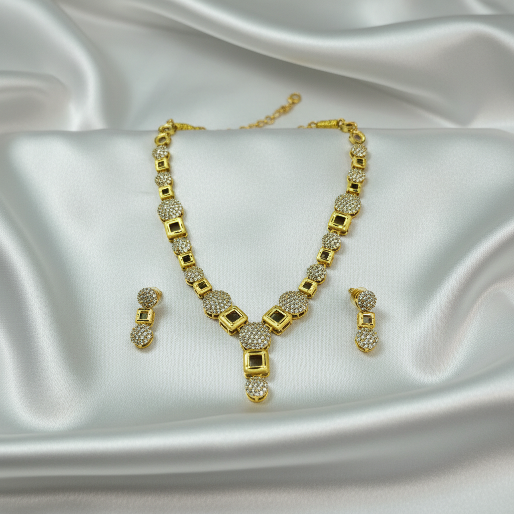 Gold-Tone Geometric Circle & Square AD Necklace Set for Women - Glossy Finish