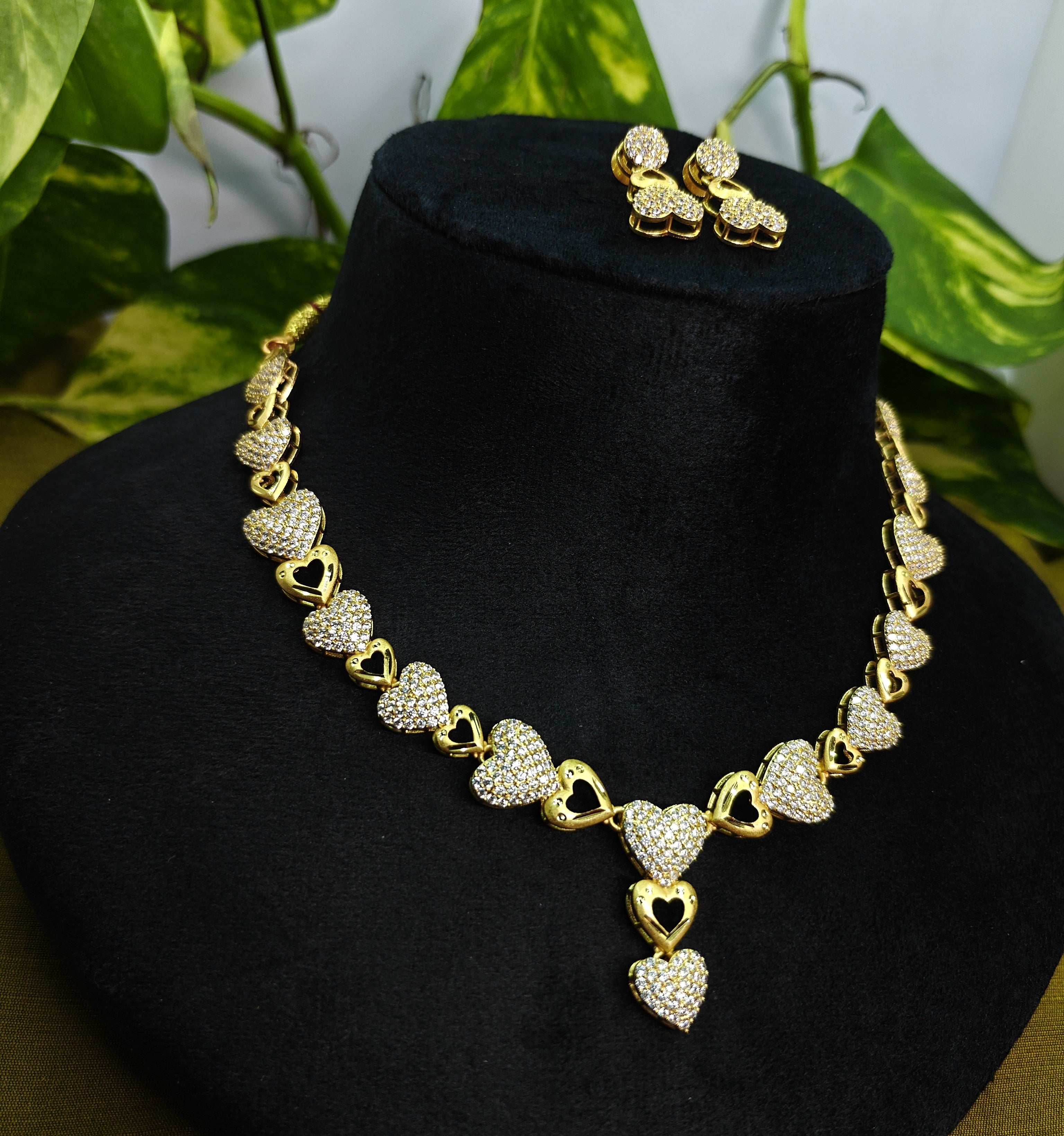Gold-Tone Geometric Circle & Square AD Necklace Set for Women - Glossy Finish