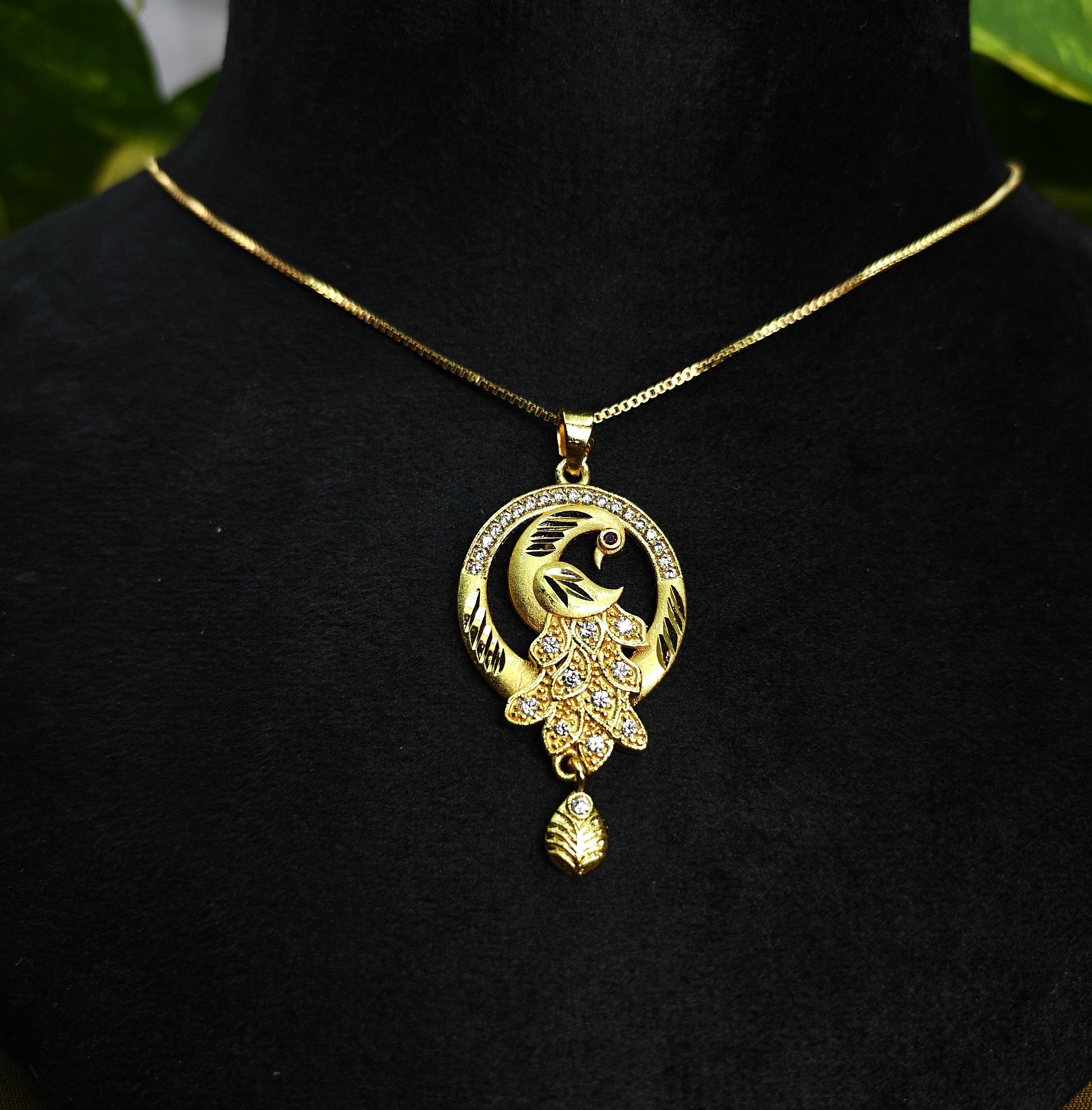 Gold-Tone Peacock AD Pendant Set for Women - Glossy Finish