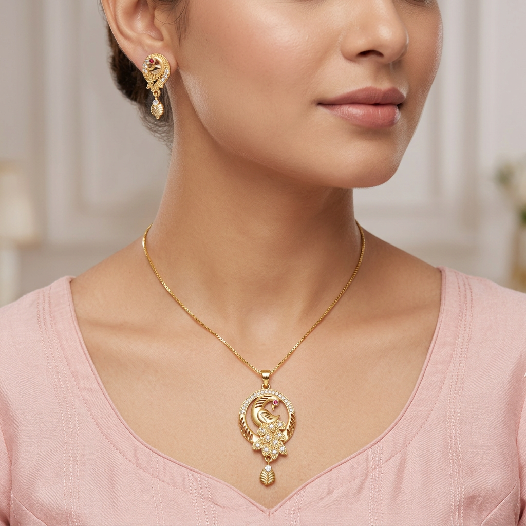Gold-Tone Peacock AD Pendant Set for Women - Glossy Finish