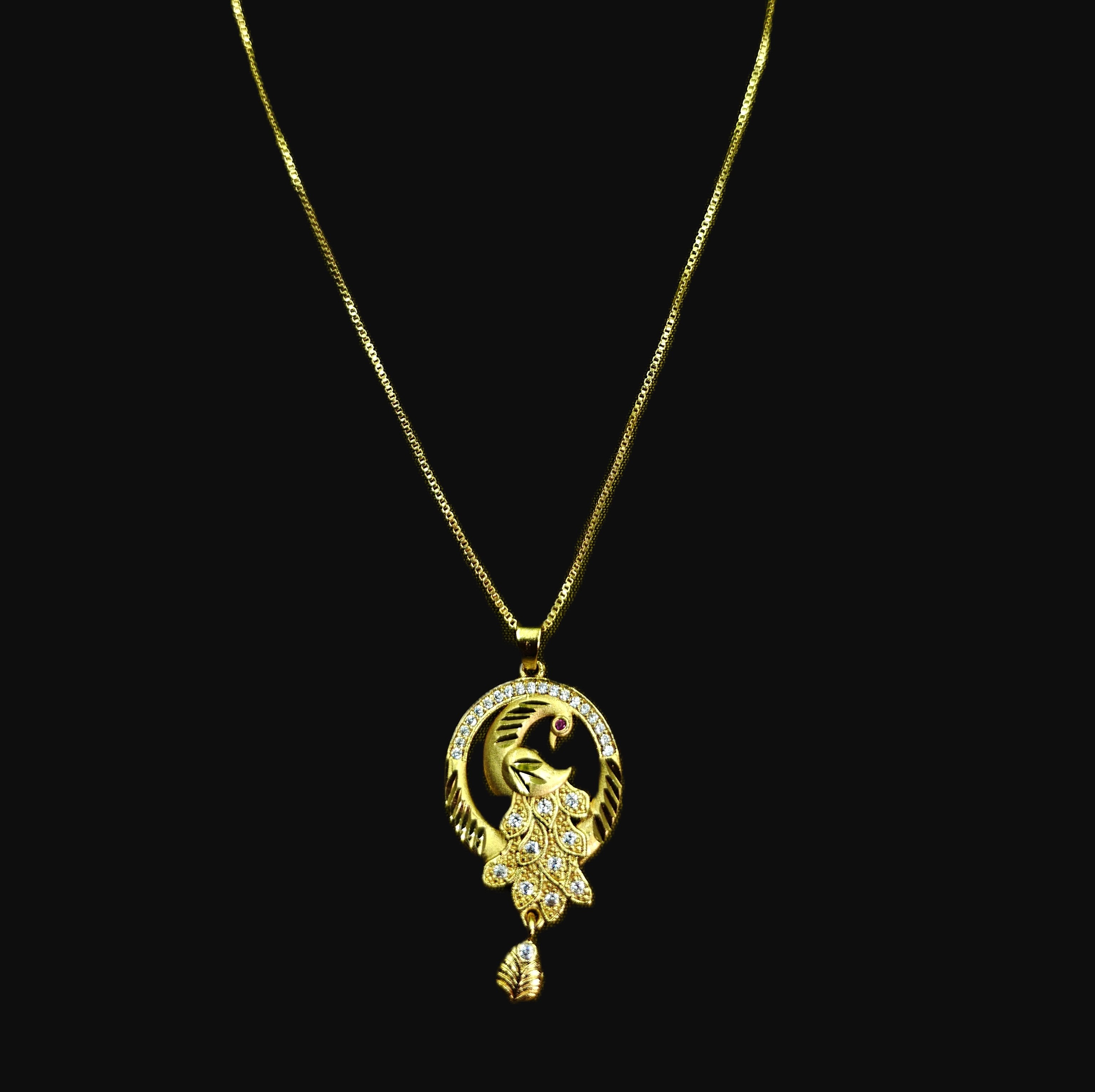 Gold-Tone Peacock AD Pendant Set for Women - Glossy Finish