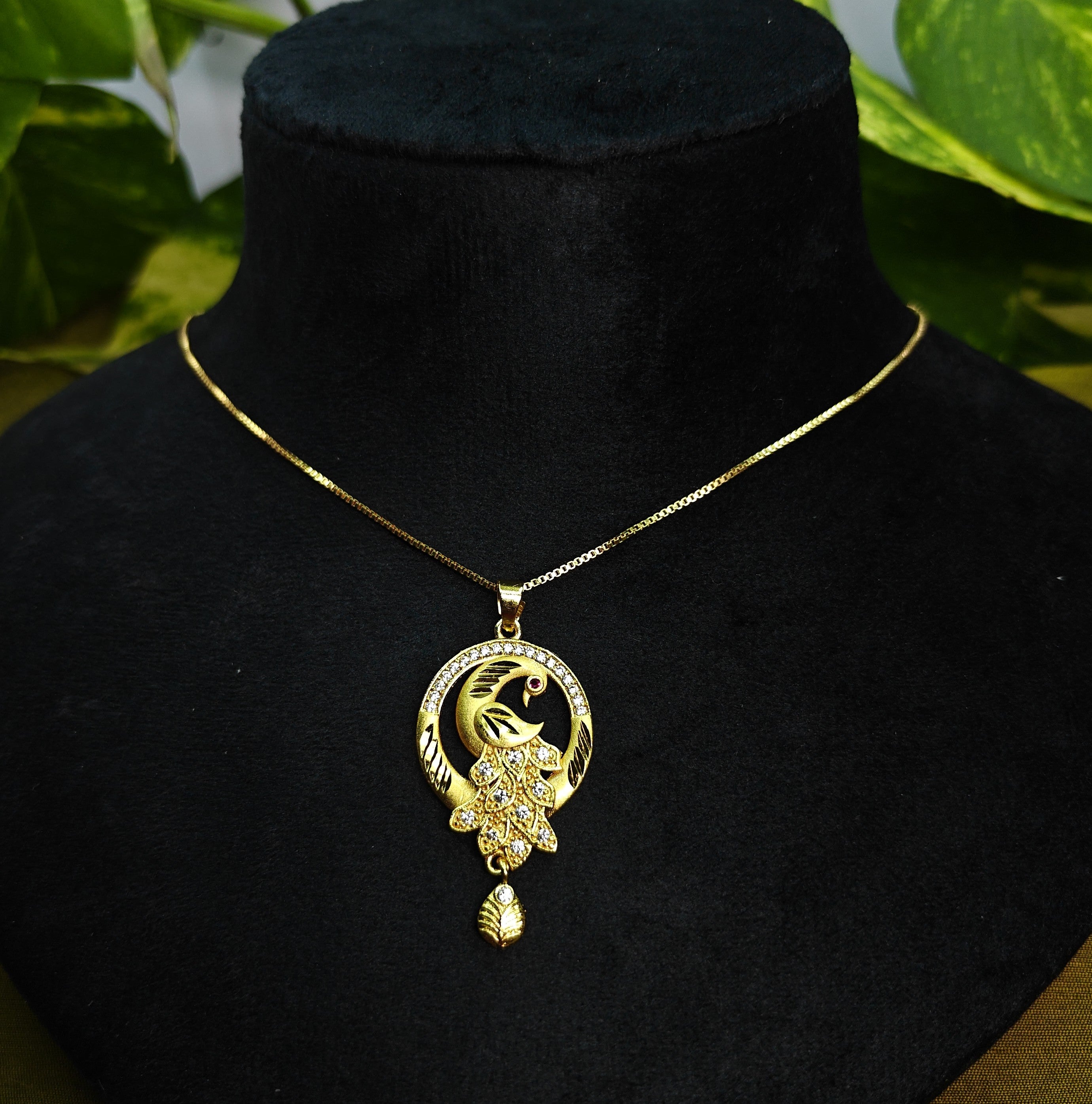 Gold-Tone Peacock AD Pendant Set for Women - Glossy Finish