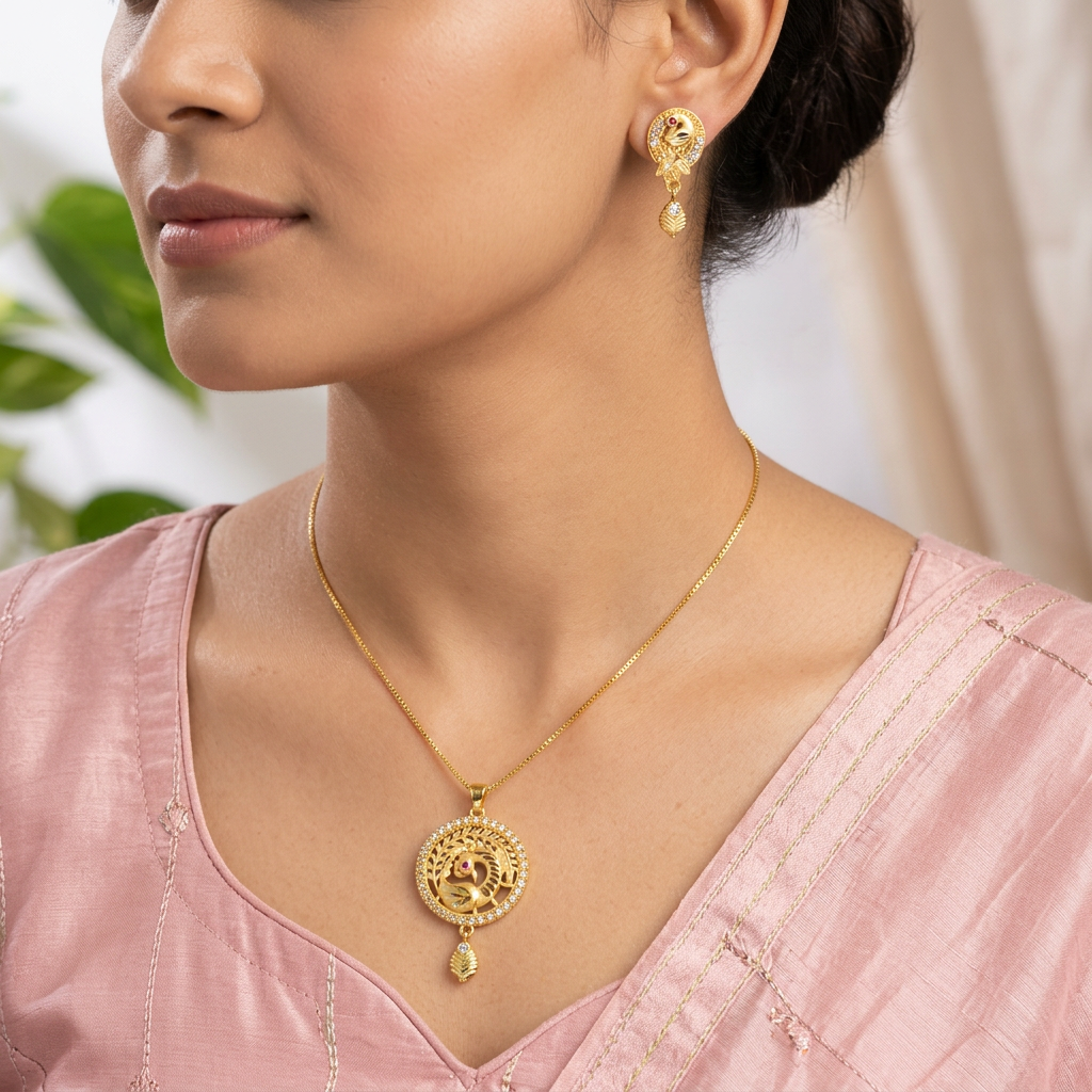 Gold-Tone Temple Style Peacock AD Pendant Set for Women - Glossy Finish