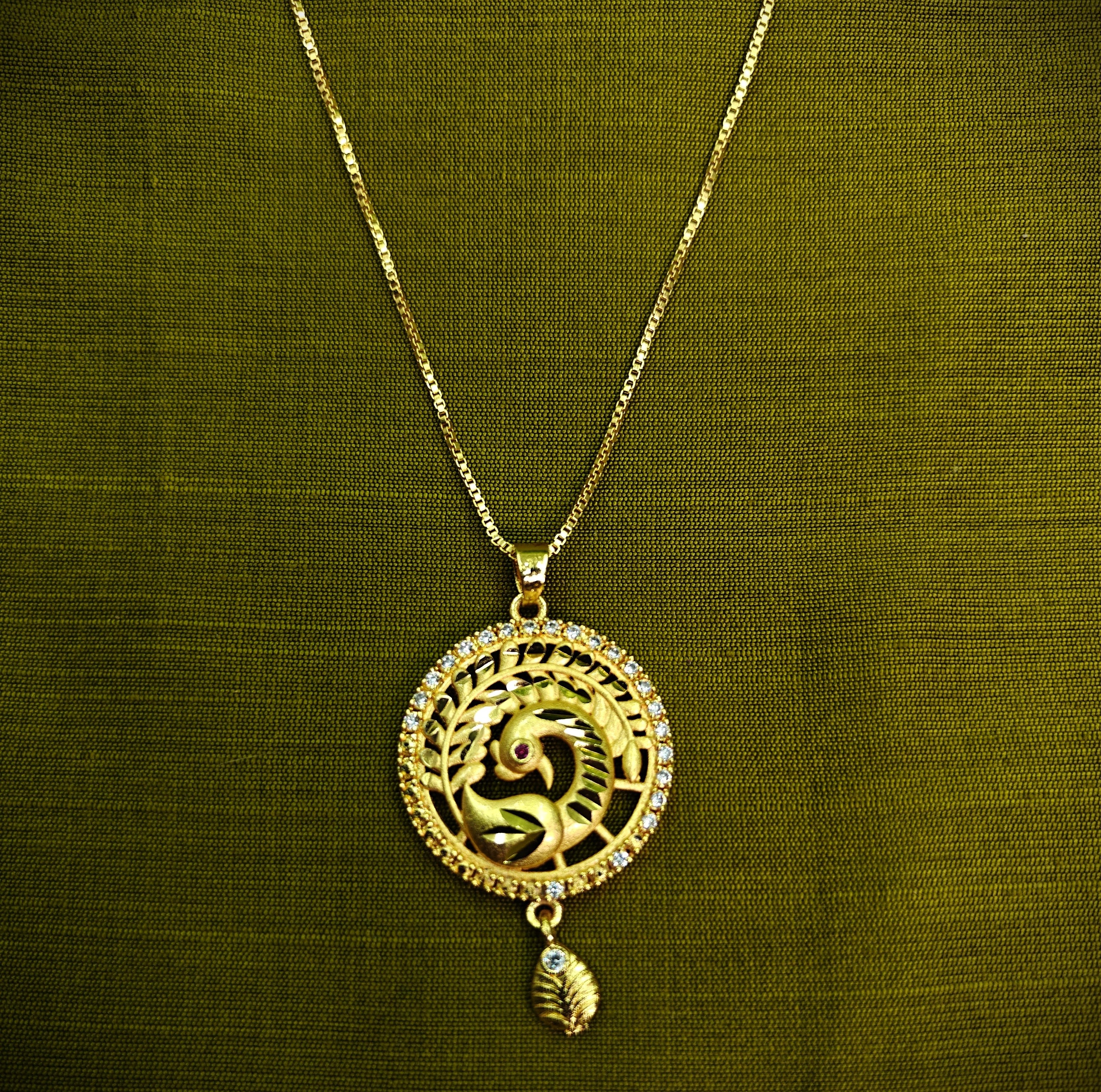 Gold-Tone Temple Style Peacock AD Pendant Set for Women - Glossy Finish