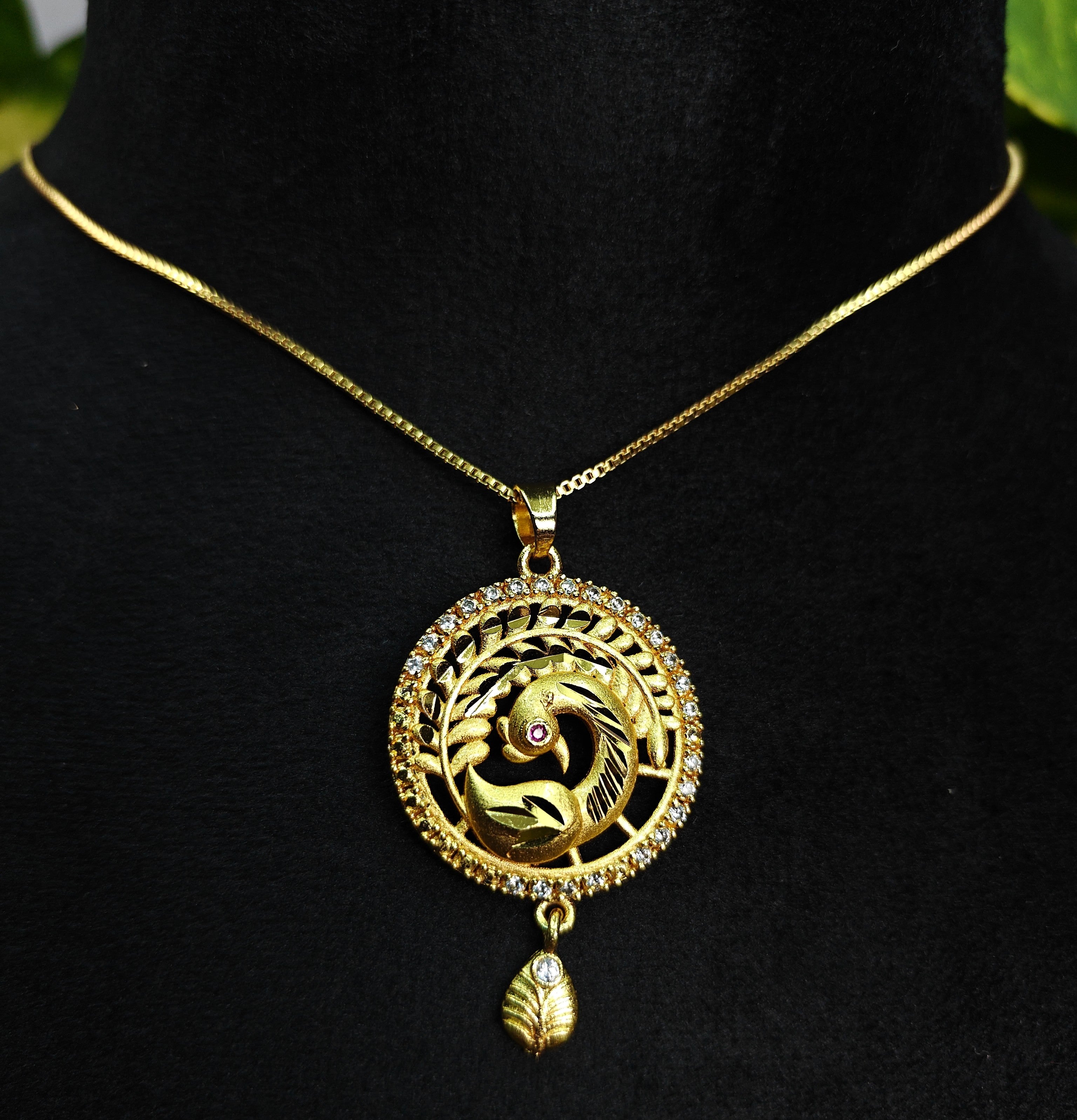 Gold-Tone Temple Style Peacock AD Pendant Set for Women - Glossy Finish