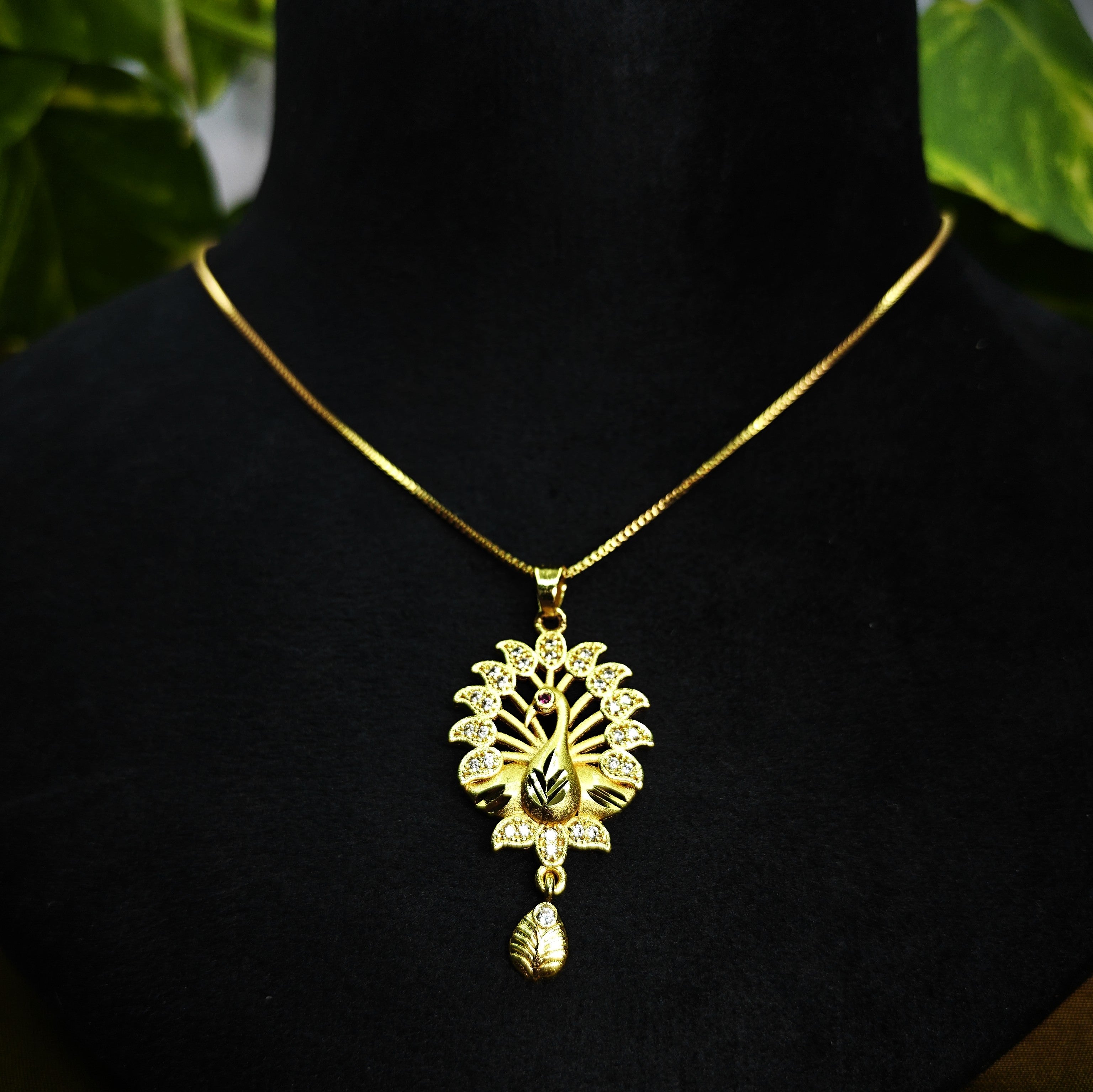Gold-Tone Ancient Peacock AD Pendant Set for Women - Glossy Finish