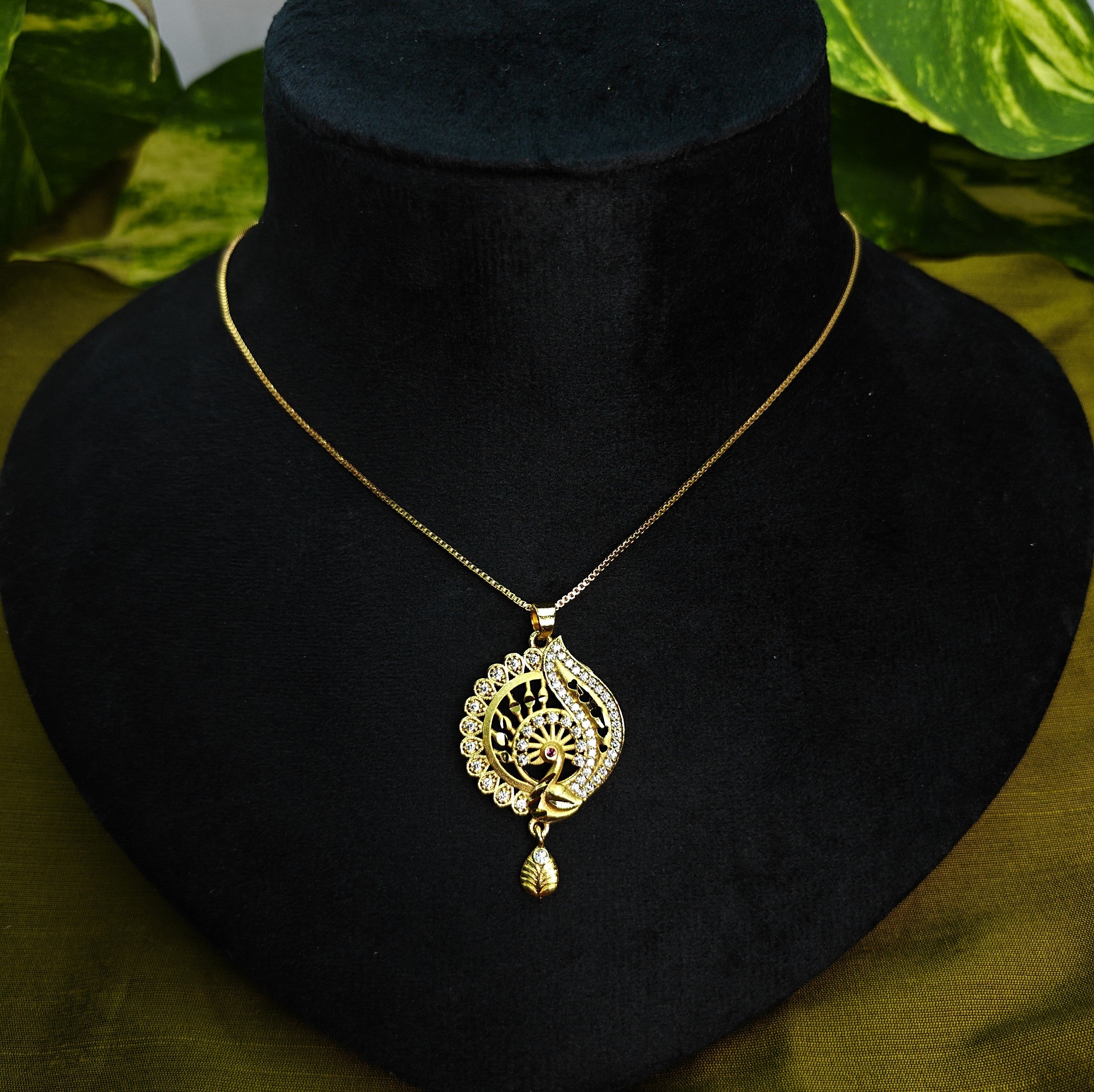 Gold-Tone Chakra Peacock AD Pendant Set for Women - Glossy Finish