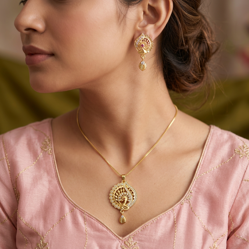 Gold-Tone Chakra Peacock AD Pendant Set for Women - Glossy Finish