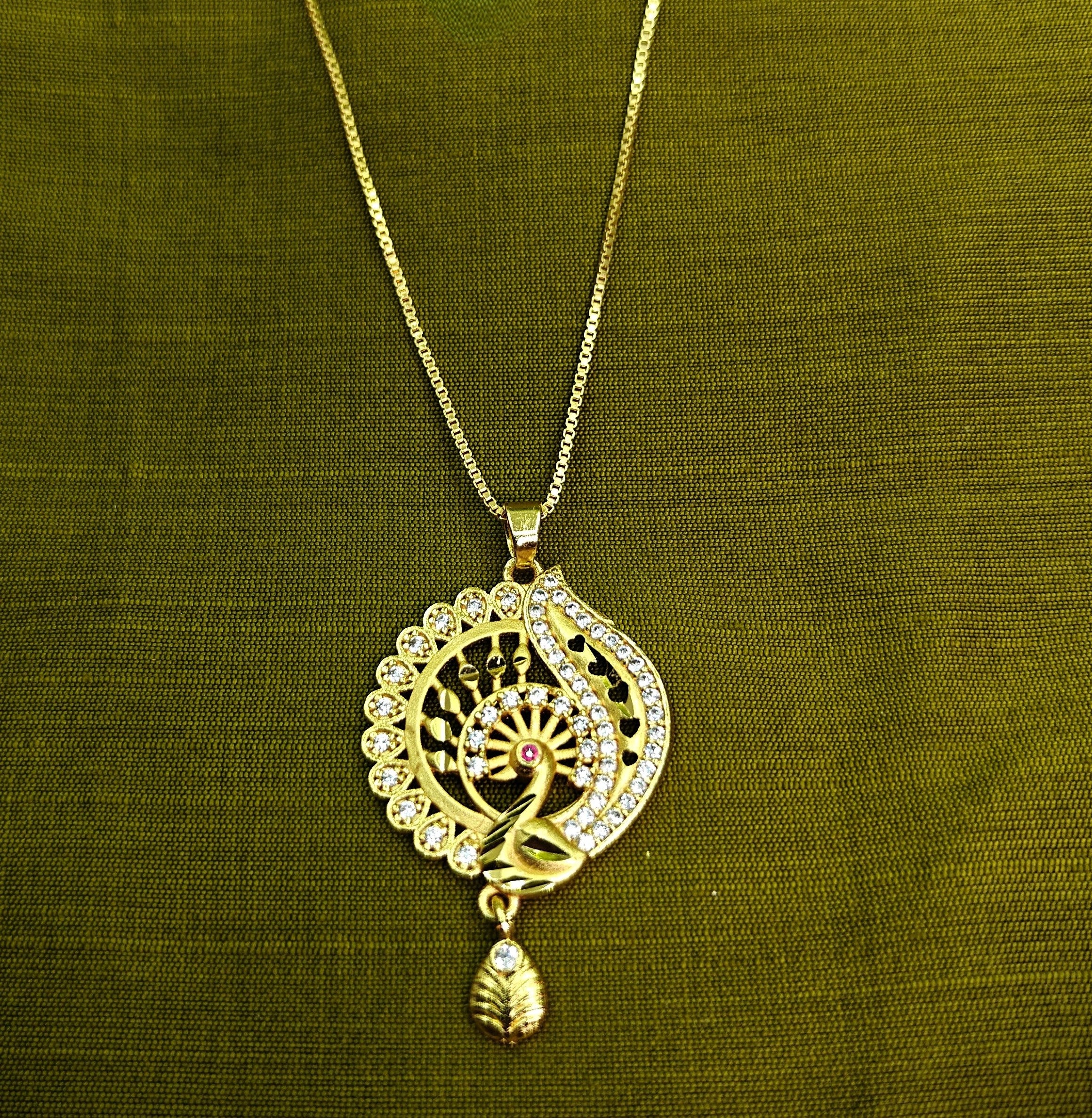 Gold-Tone Chakra Peacock AD Pendant Set for Women - Glossy Finish