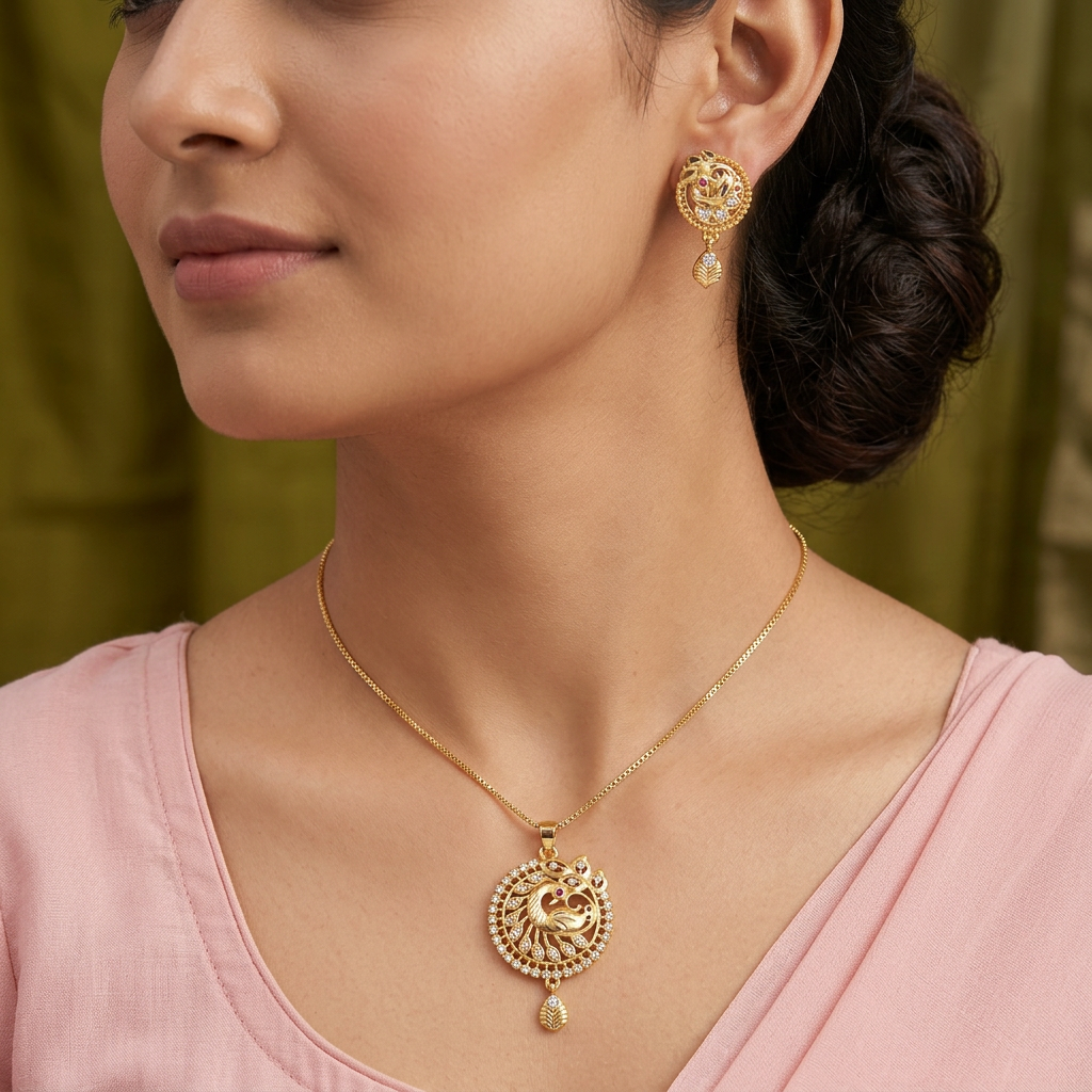 Gold-Tone Double Peacock Wheel AD Pendant Set for Women - Glossy Finish
