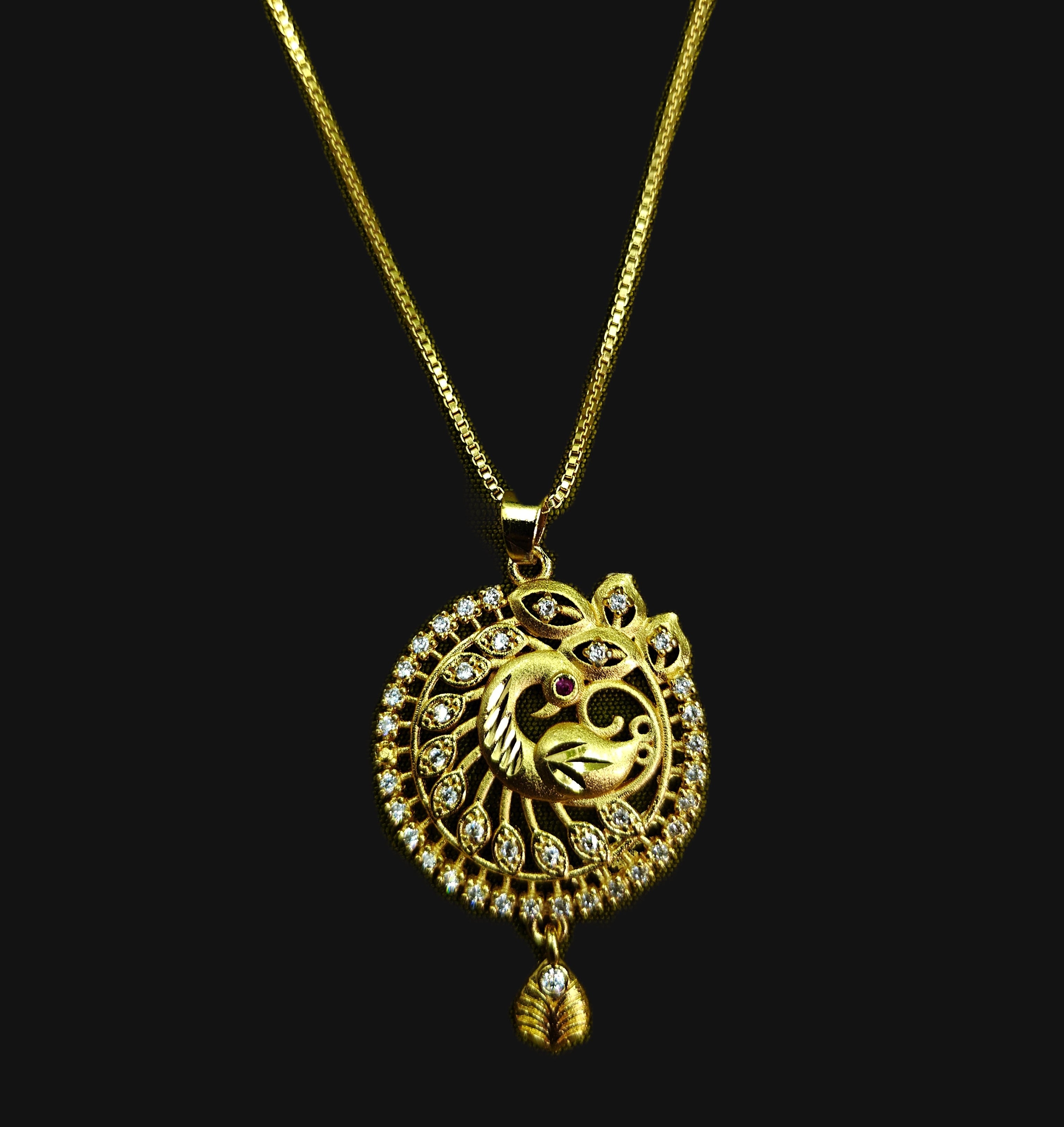 Gold-Tone Double Peacock Wheel AD Pendant Set for Women - Glossy Finish