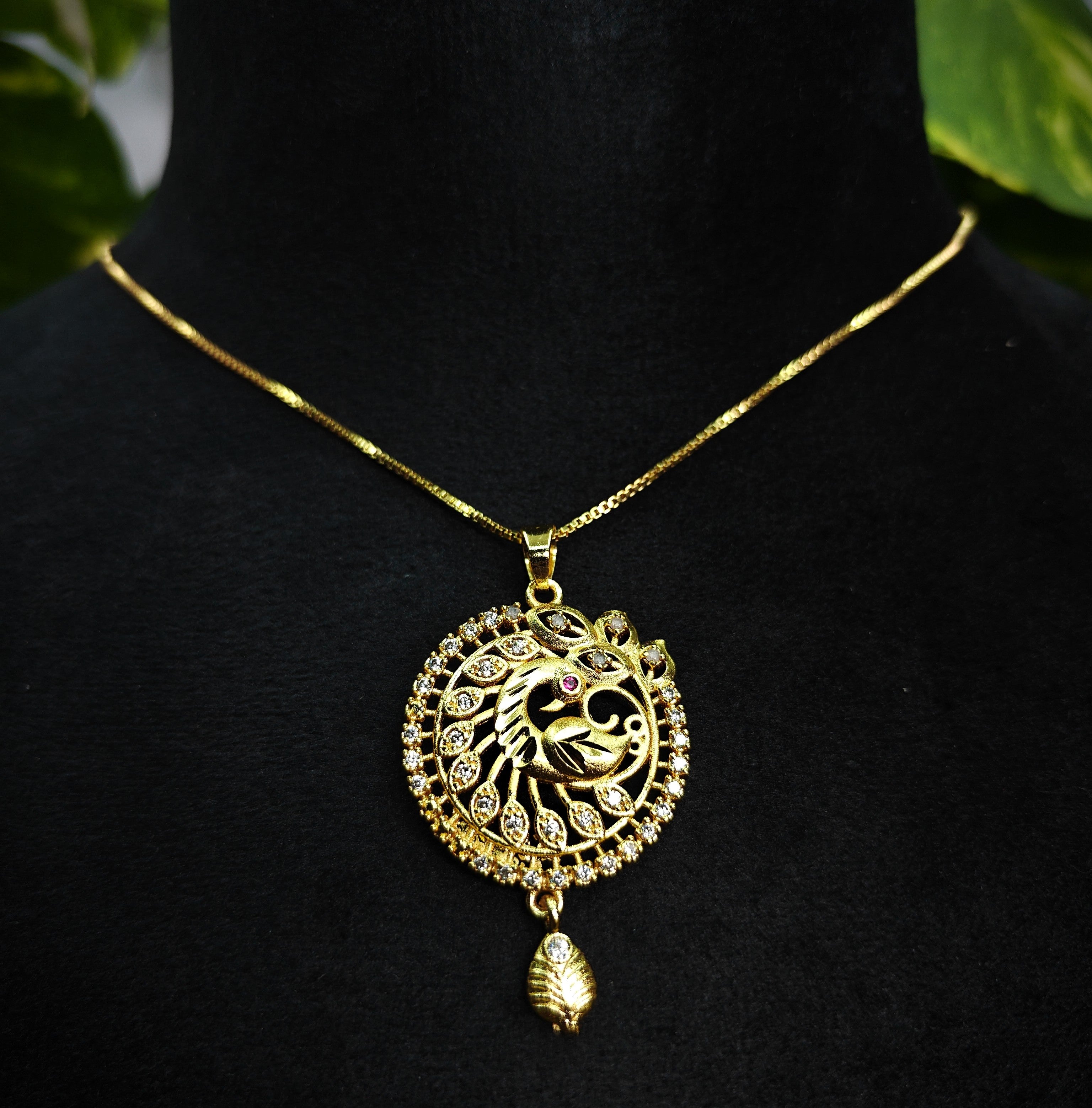 Gold-Tone Double Peacock Wheel AD Pendant Set for Women - Glossy Finish