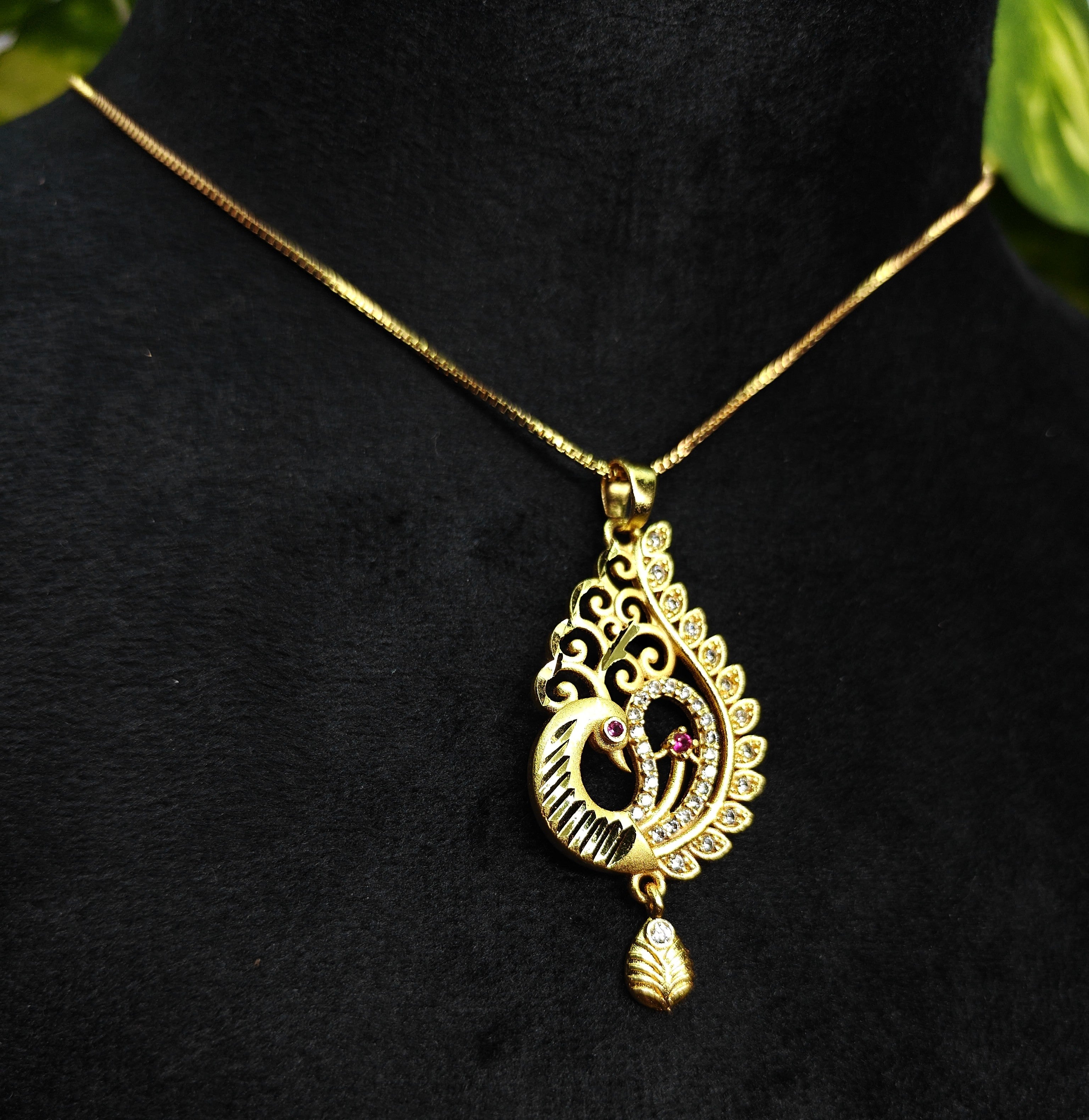 Gold-Tone Paisley Peacock AD Pendant Set for Women - Glossy Finish