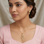Gold-Tone Paisley Peacock AD Pendant Set for Women - Glossy Finish