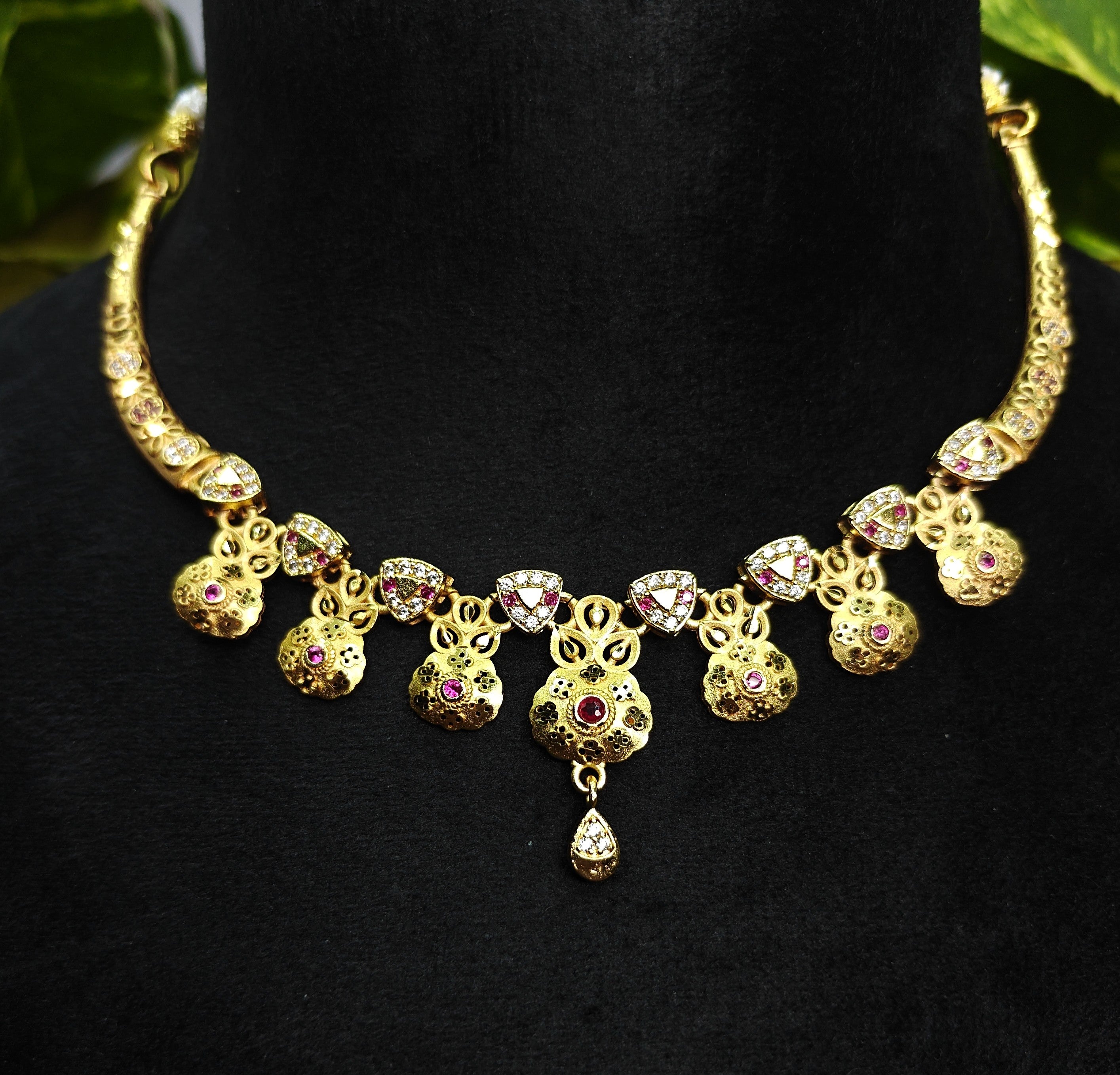 Gold-Tone Pinkish Shade Ruby AD Floral Medallion Choker Set for Women - Matte Finish