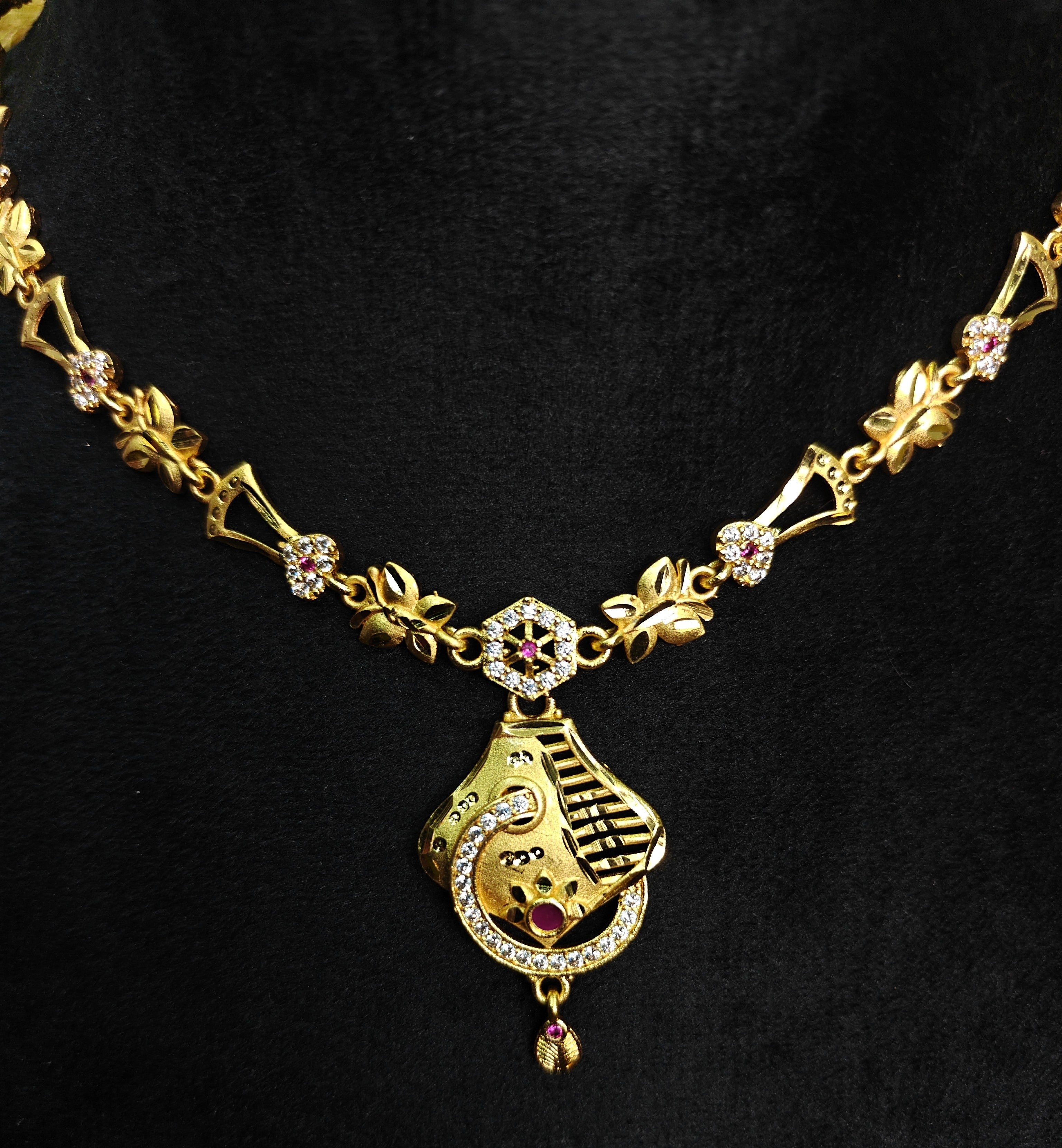 Gold-Tone Pinkish Shade Ruby AD Geometric Medallion Choker Set for Women - Matte Finish