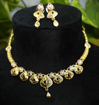 Gold-Tone Pinkish Shade Ruby AD Geometric Medallion Choker Set for Women - Matte Finish
