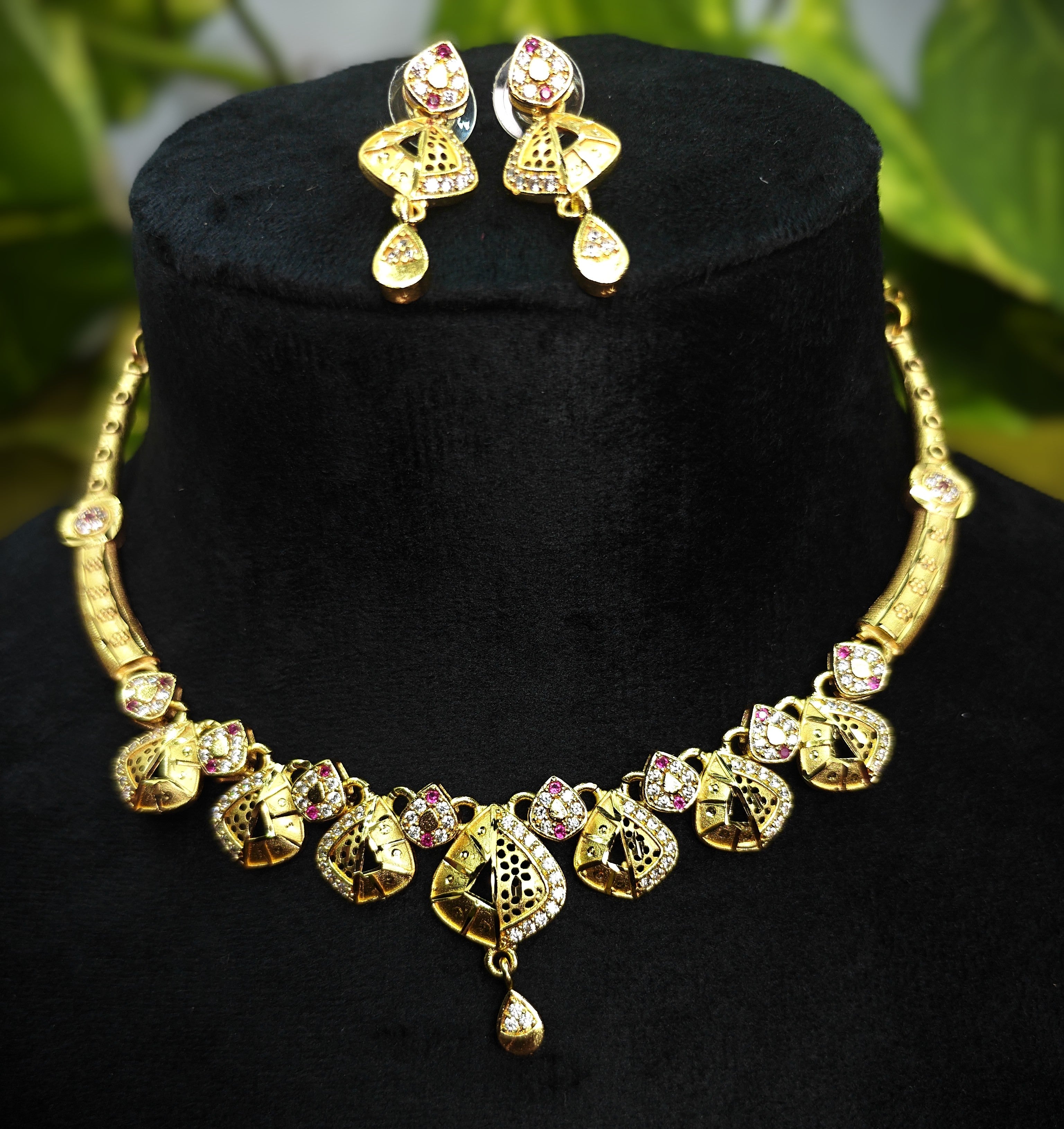Gold-Tone Pinkish Shade Ruby AD Geometric Medallion Choker Set for Women - Matte Finish