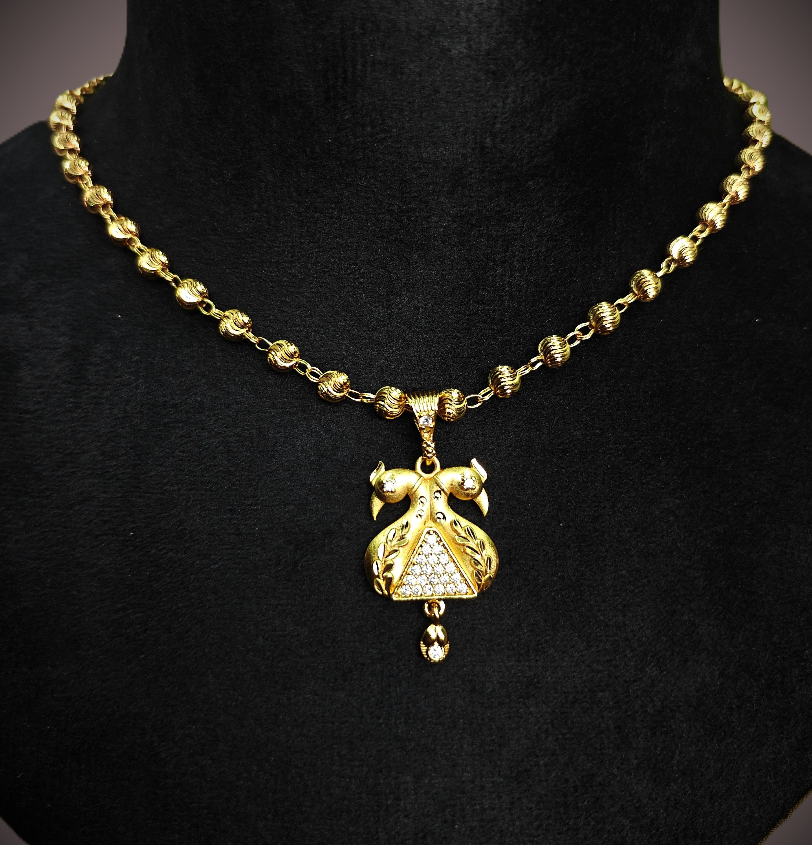 Gold-Tone Peacock Pendant AD Ball Chain Set for Women - Matte Finish