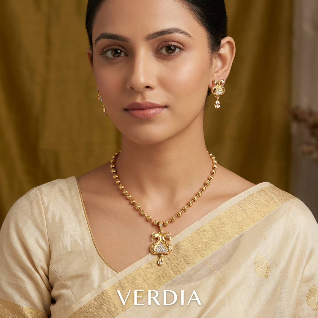 Gold-Tone Peacock Pendant AD Ball Chain Set for Women - Matte Finish