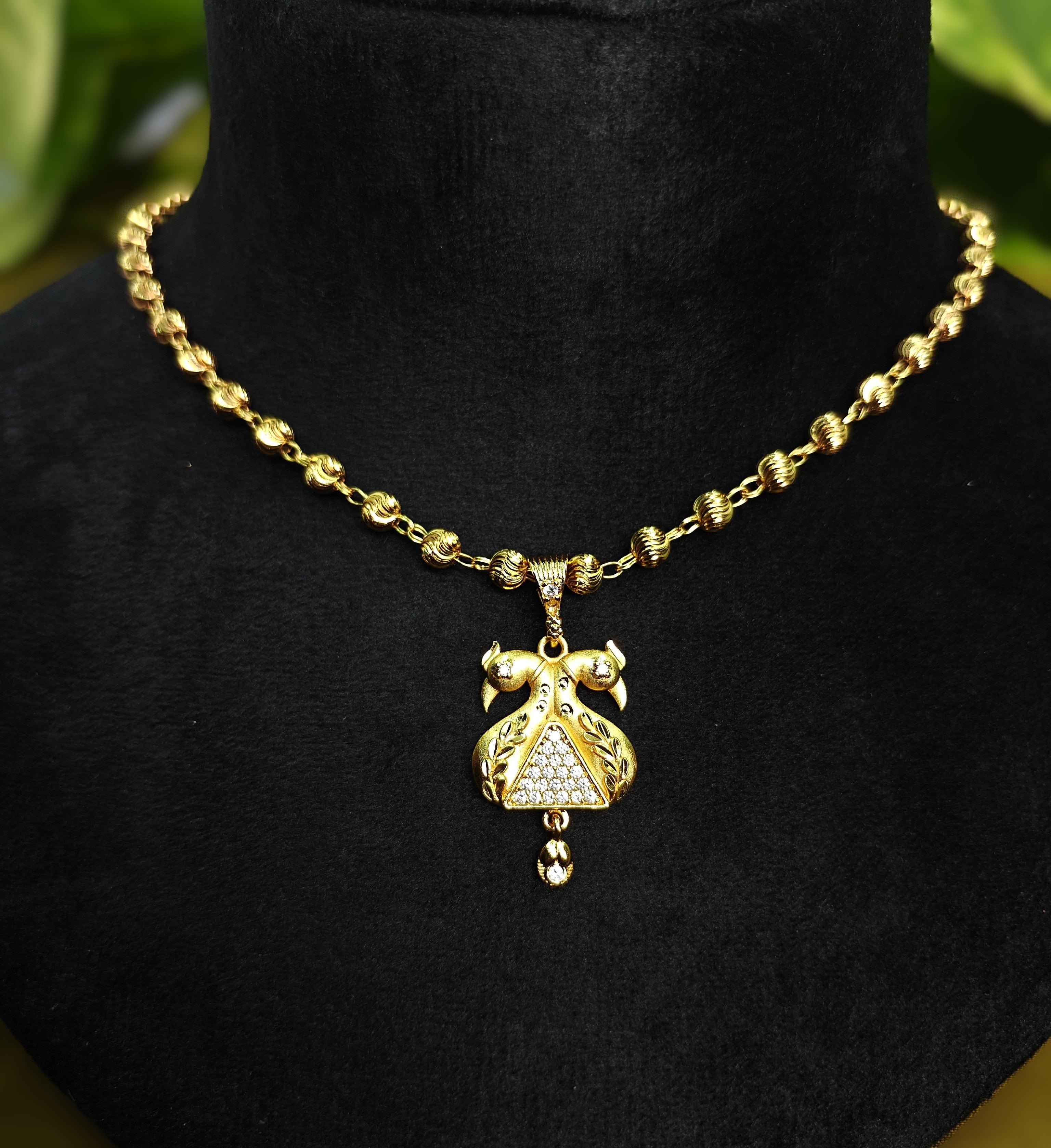 Gold-Tone Peacock Pendant AD Ball Chain Set for Women - Matte Finish