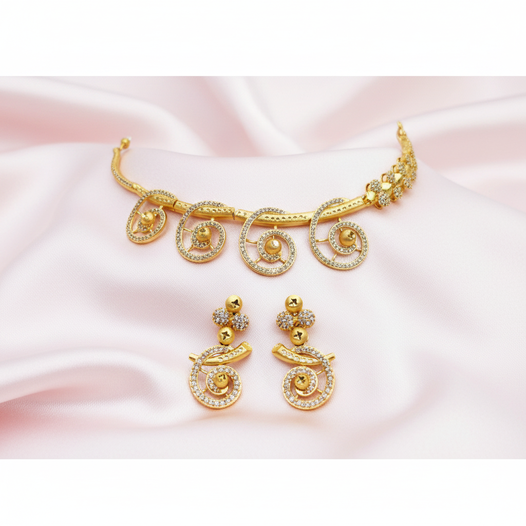 Gold-Tone Spiral Swirl Design Premium AD Necklace Set for Women - Glossy Finish