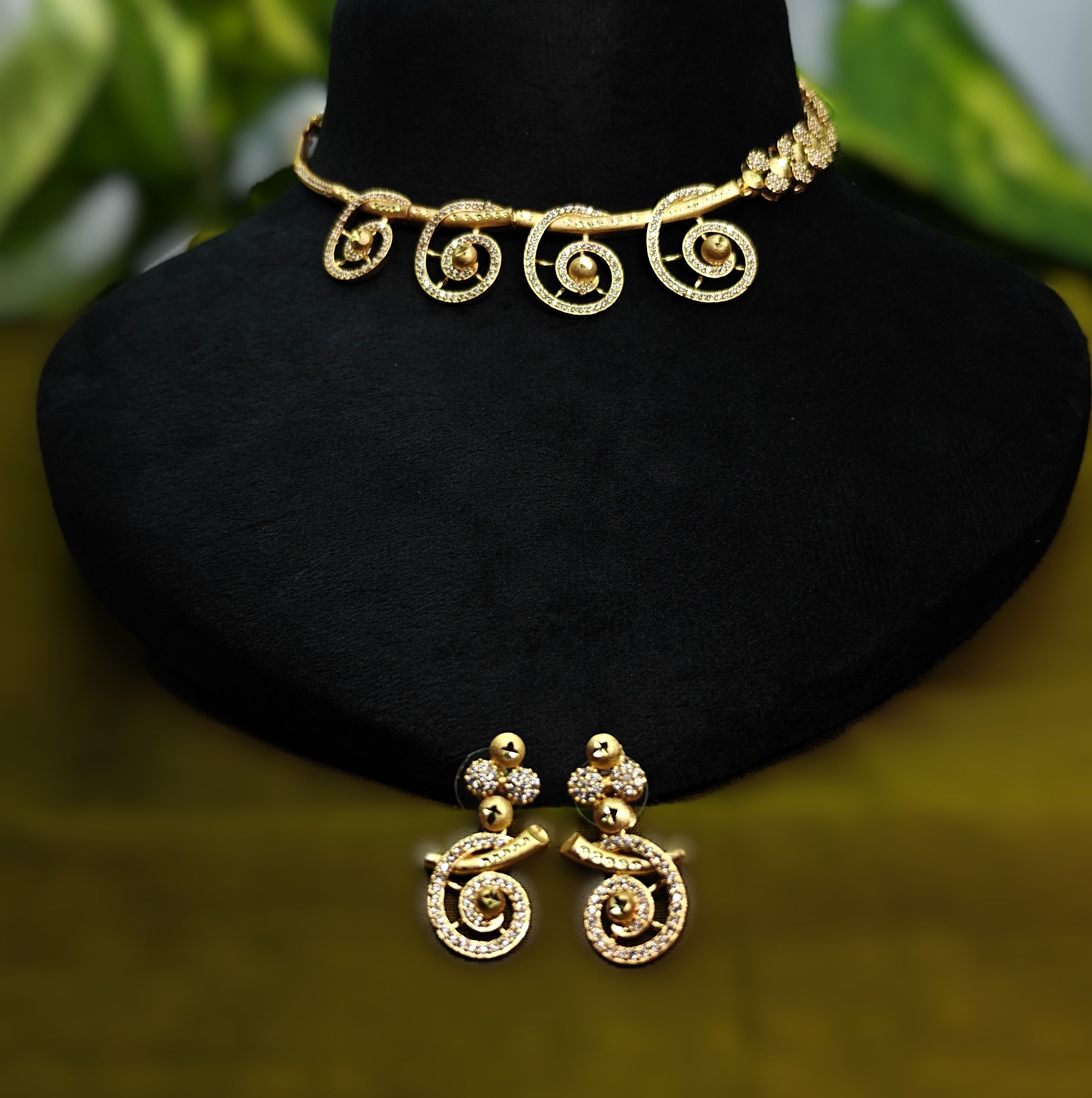 Gold-Tone Spiral Swirl Design Premium AD Necklace Set for Women - Glossy Finish