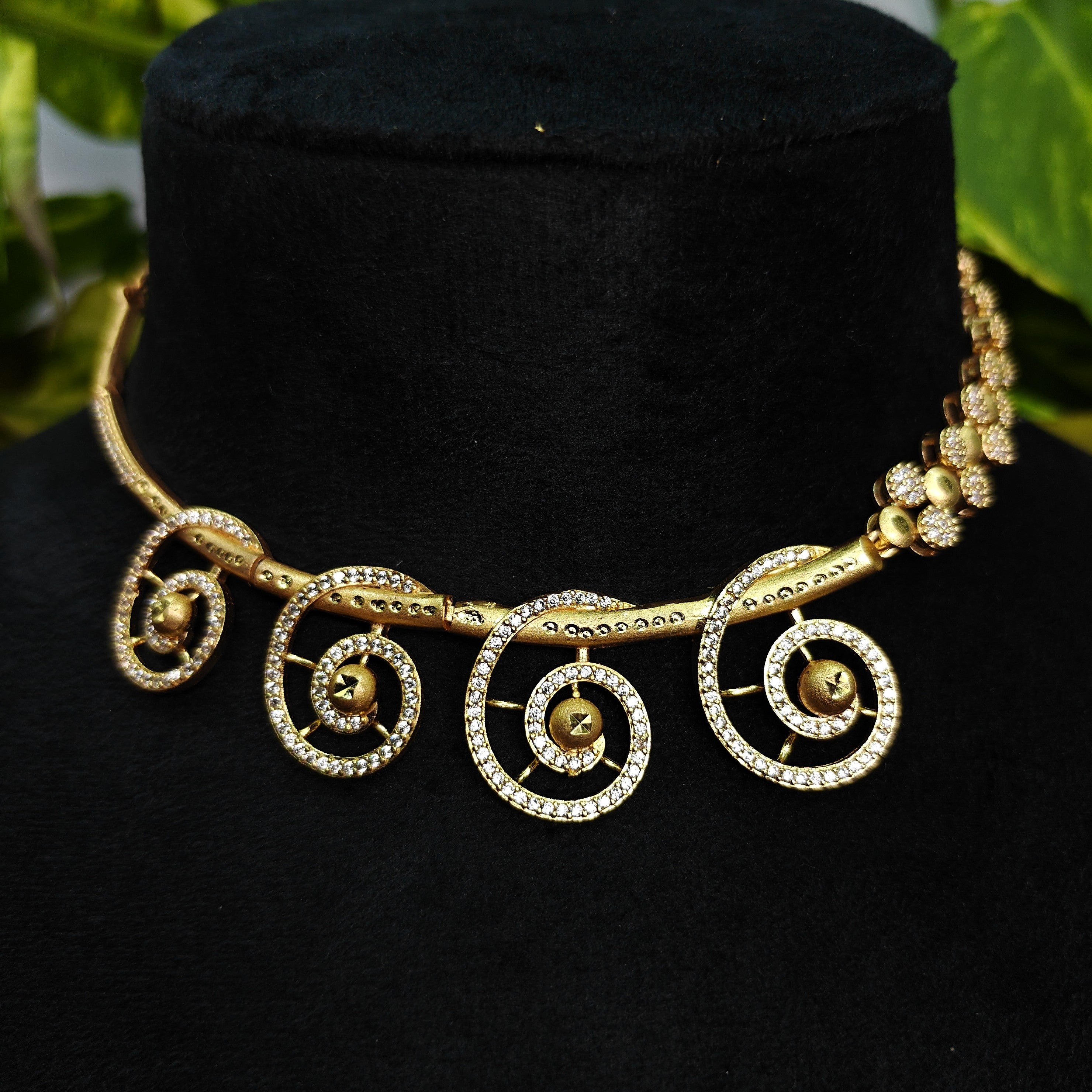 Gold-Tone Spiral Swirl Design Premium AD Necklace Set for Women - Glossy Finish