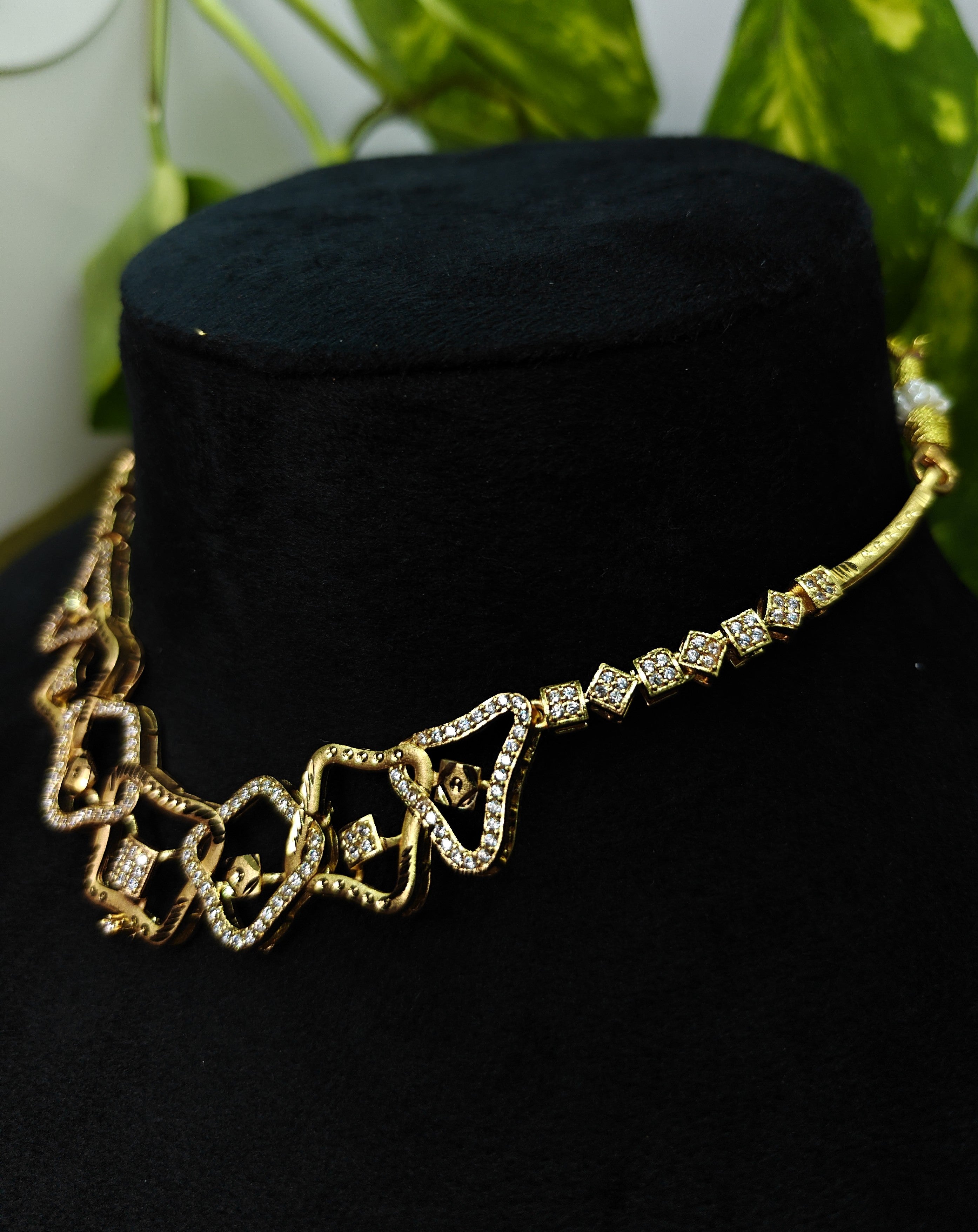 Gold-Tone Geometric Hasli Premium AD Necklace Set for Women - Glossy Finish