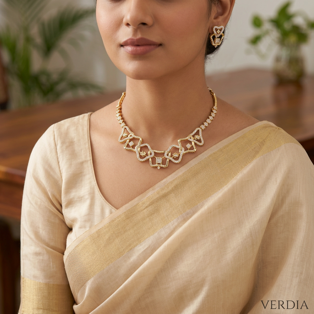Gold-Tone Geometric Hasli Premium AD Necklace Set for Women - Glossy Finish