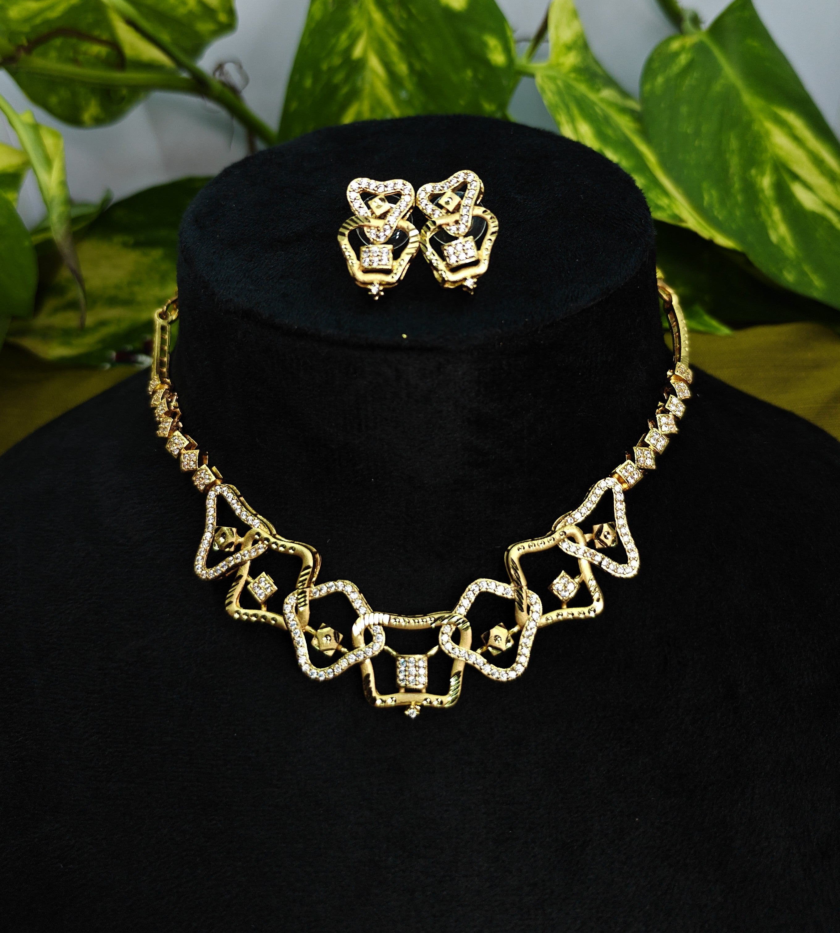 Gold-Tone Geometric Hasli Premium AD Necklace Set for Women - Glossy Finish