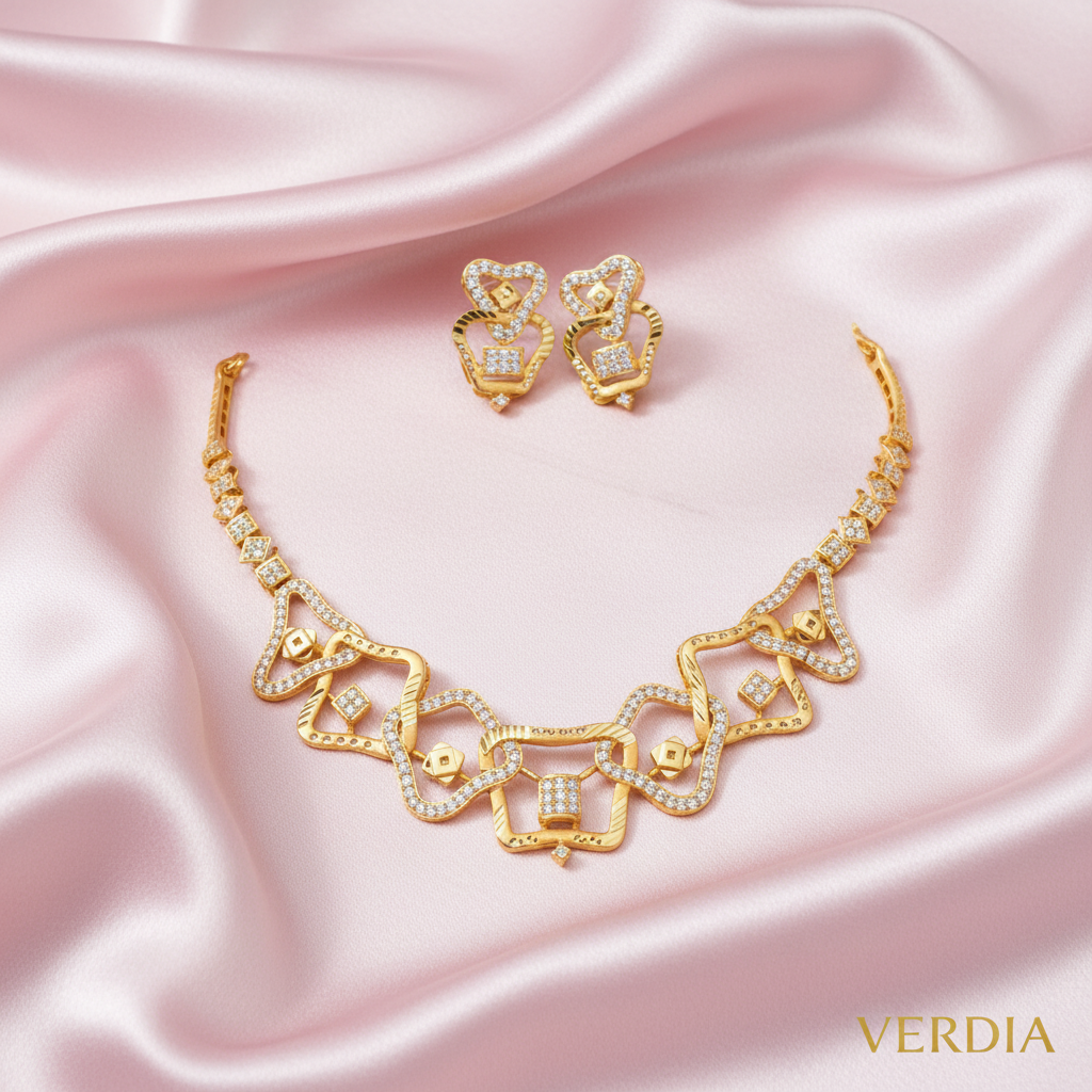 Gold-Tone Geometric Hasli Premium AD Necklace Set for Women - Glossy Finish