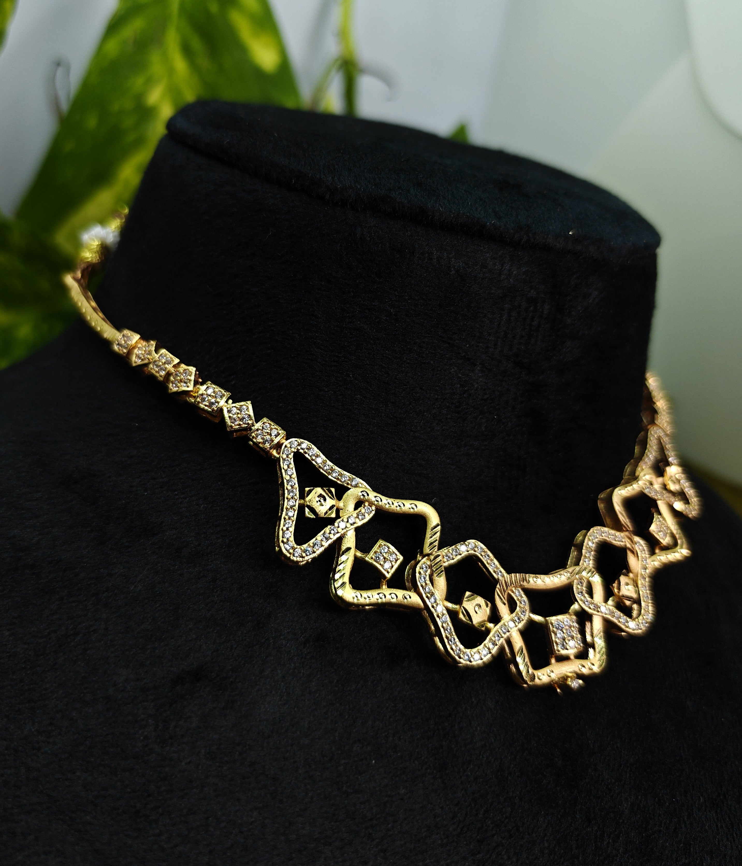 Gold-Tone Geometric Hasli Premium AD Necklace Set for Women - Glossy Finish