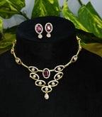Gold-Tone Premium Ruby Oval Link AD Necklace Set for Women - Glossy Finish