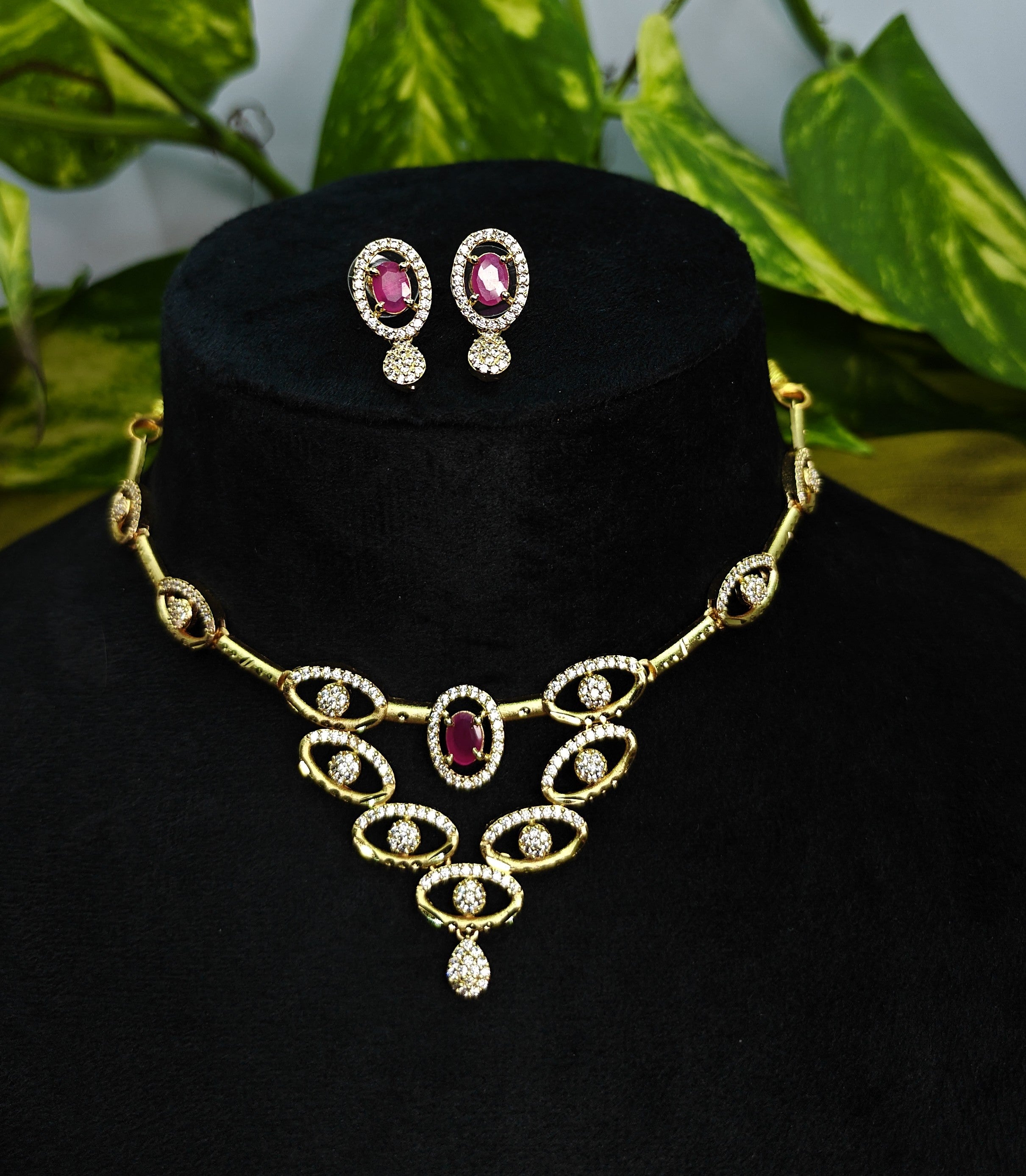 Gold-Tone Premium Ruby Oval Link AD Necklace Set for Women - Glossy Finish