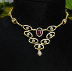 Gold-Tone Premium Ruby Oval Link AD Necklace Set for Women - Glossy Finish