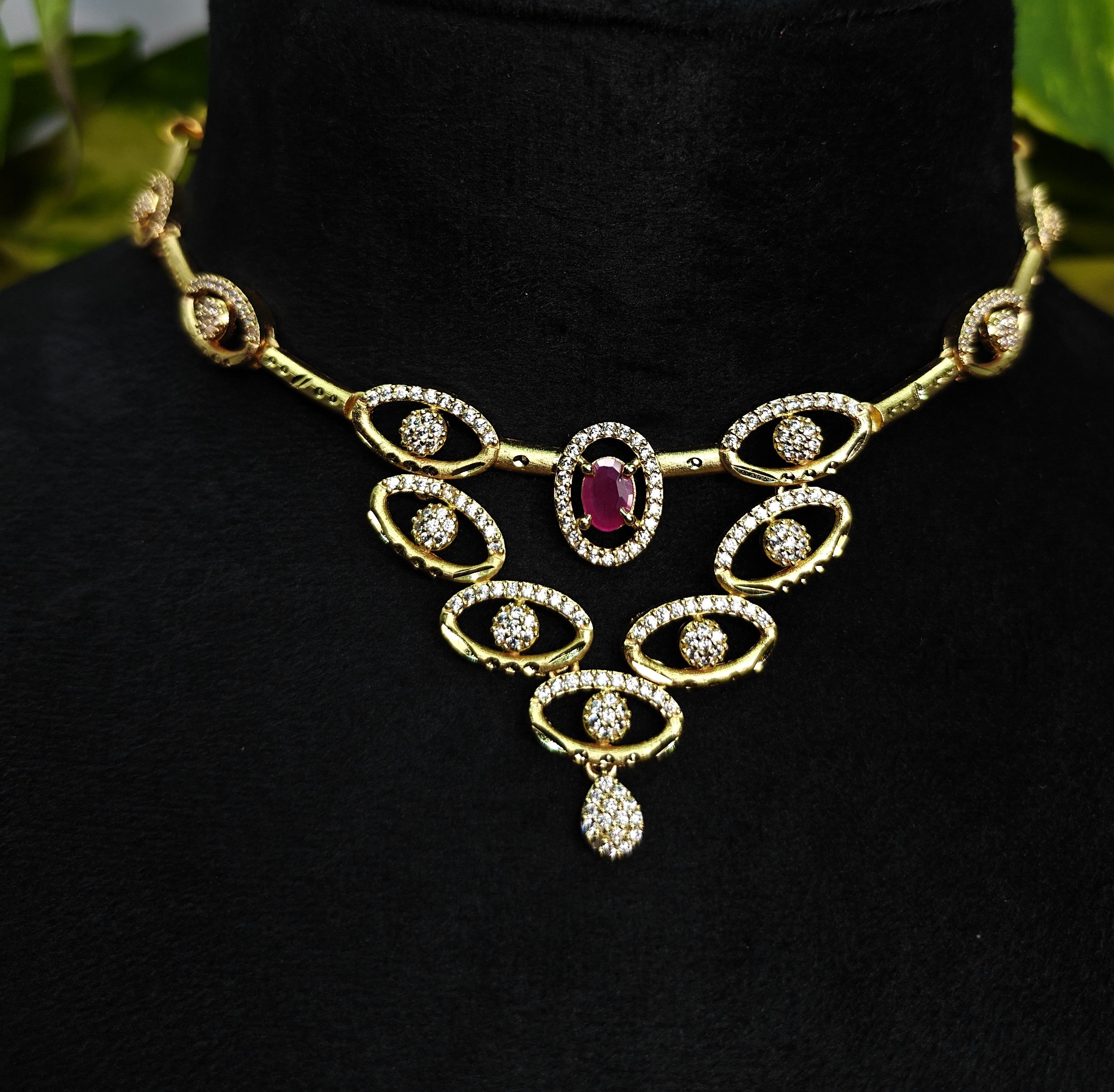 Gold-Tone Premium Ruby Oval Link AD Necklace Set for Women - Glossy Finish