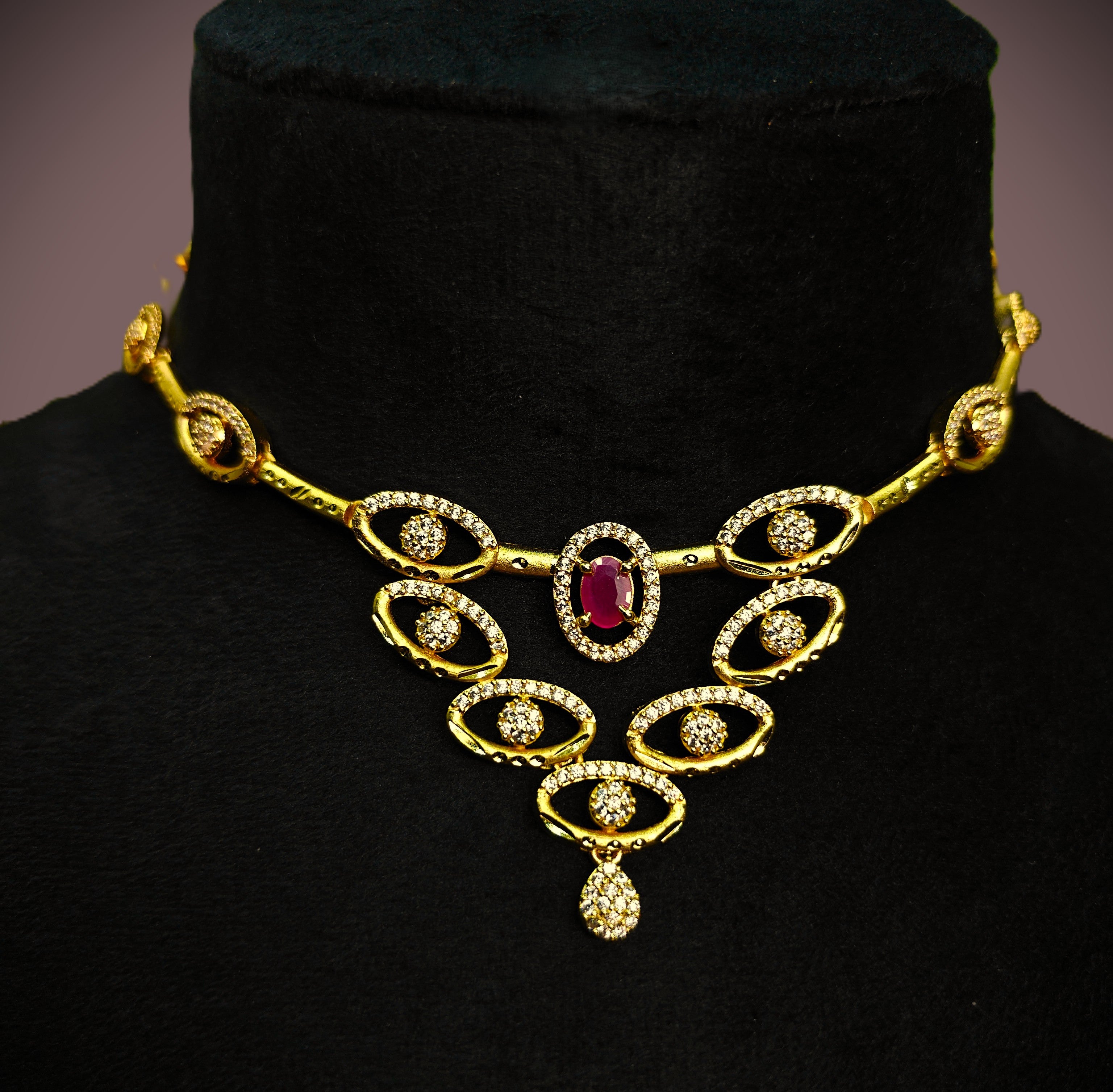 Gold-Tone Premium Ruby Oval Link AD Necklace Set for Women - Glossy Finish