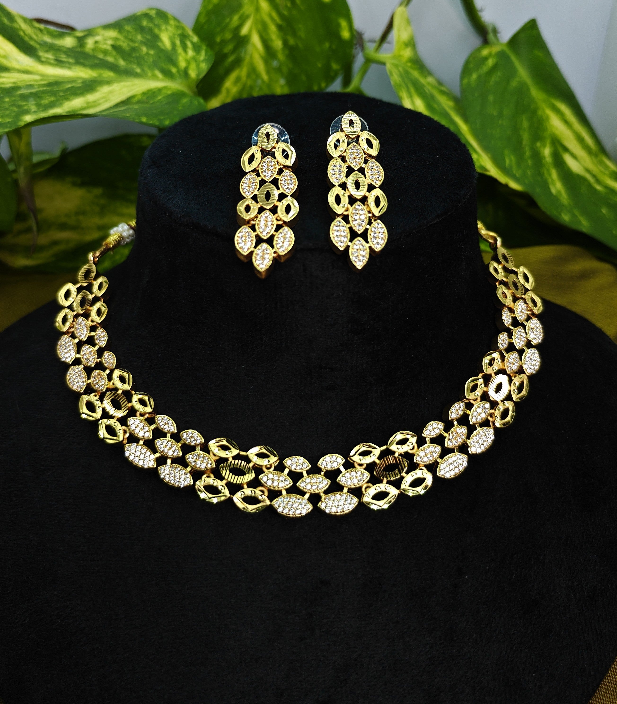 Gold-Tone Three-Row Marquise Layered AD Premium Choker Necklace Set for Women - Glossy Finish