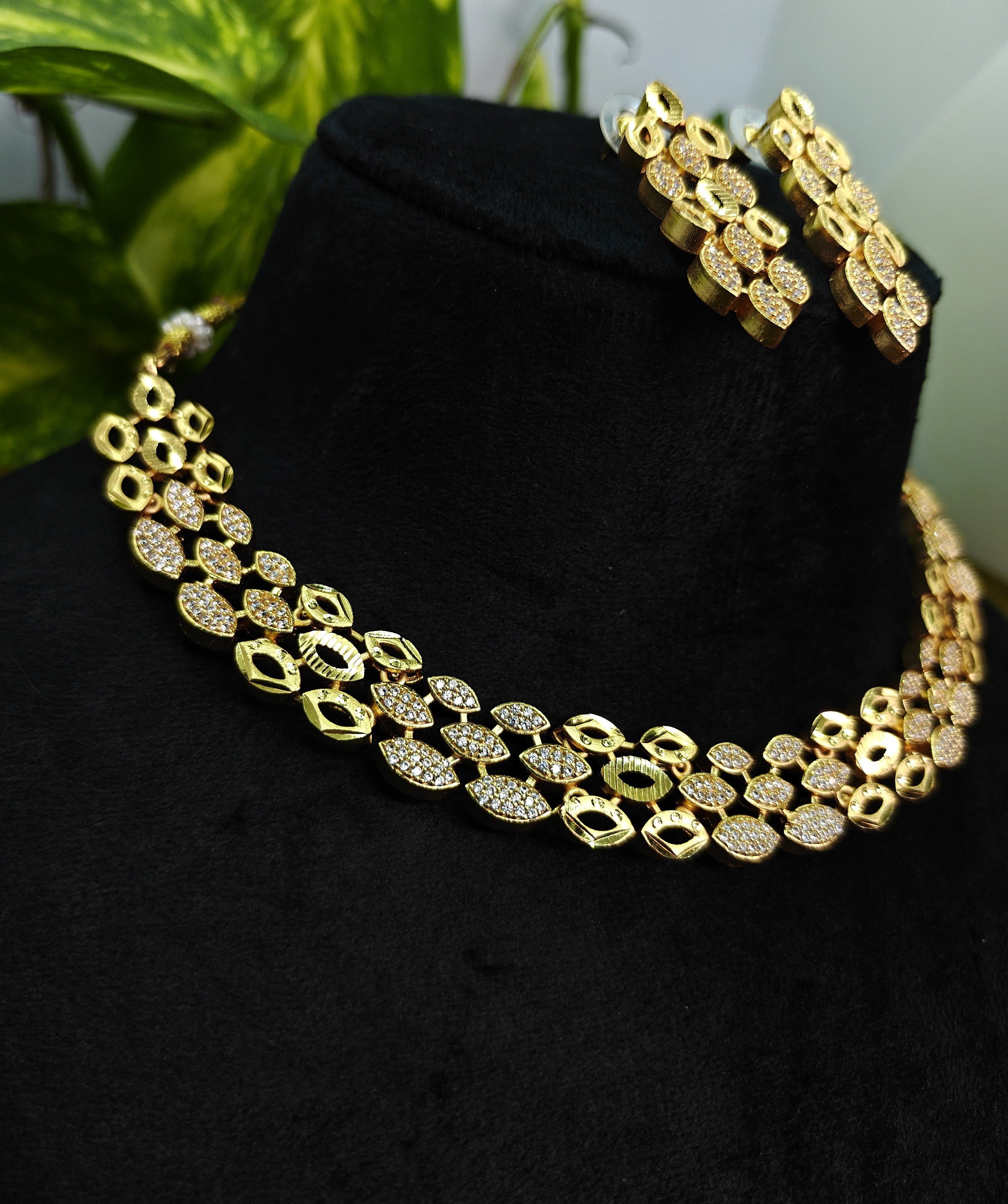 Gold-Tone Three-Row Marquise Layered AD Premium Choker Necklace Set for Women - Glossy Finish