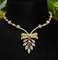 Gold-Tone Pink Stone Bow AD Premium Necklace Set for Women - Glossy Finish