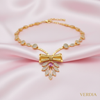 Gold-Tone Pink Stone Bow AD Premium Necklace Set for Women - Glossy Finish
