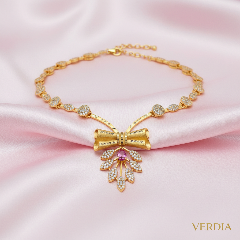 Gold-Tone Pink Stone Bow AD Premium Necklace Set for Women - Glossy Finish